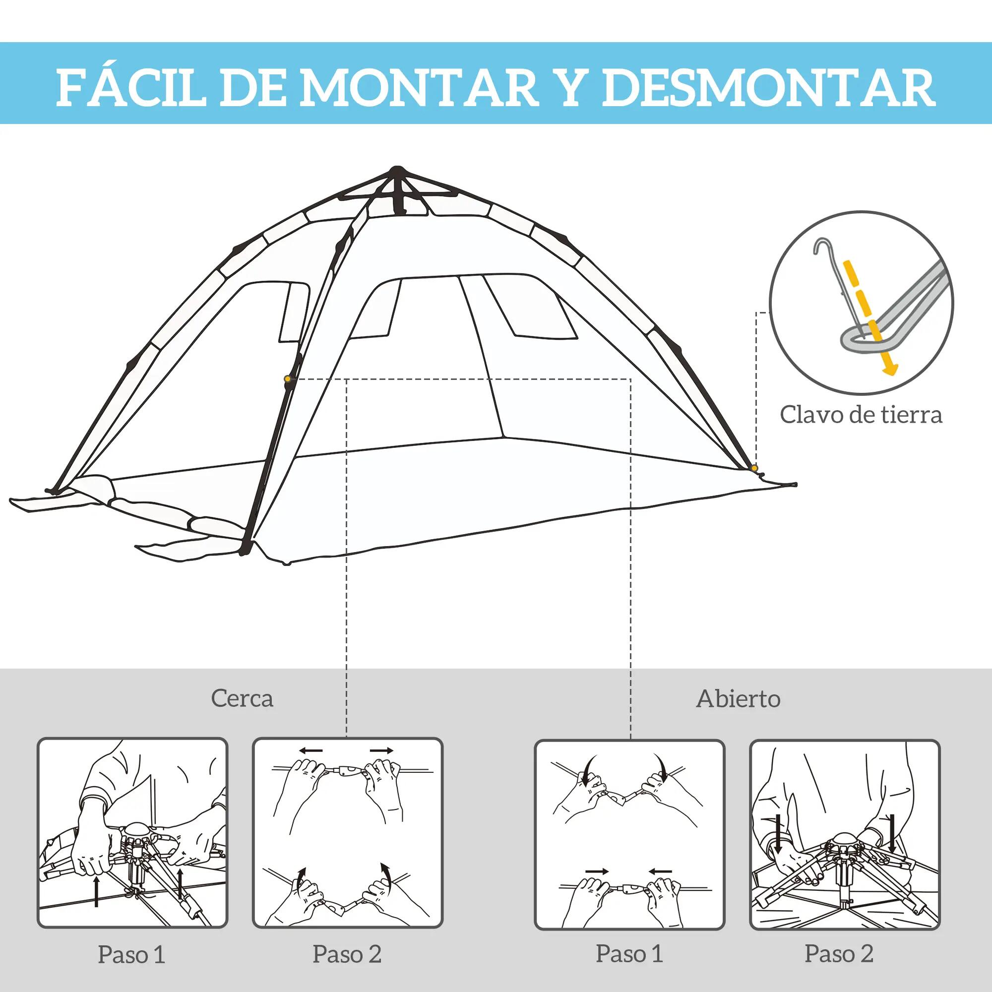 Tente plage pliable 1-2 personnes entrées fenêtres sac transport 220x173x120 cm 6/6