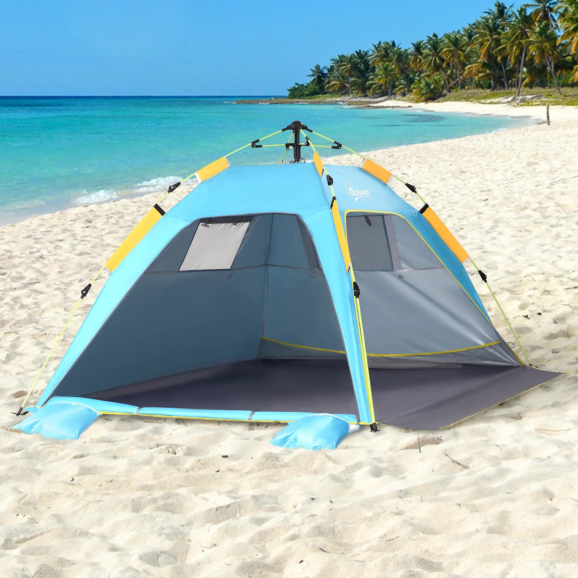 Tente plage pliable 1-2 personnes entrées fenêtres sac transport 220x173x120 cm 4/6