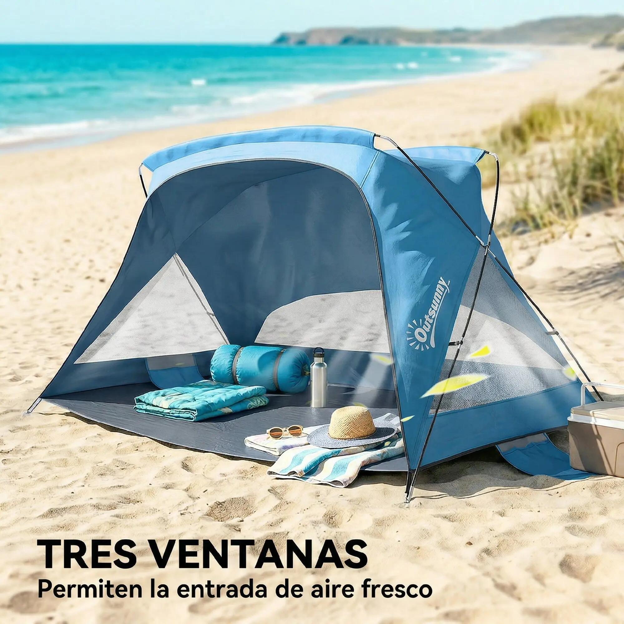 Tente de plage pour 2 à 3 personnes avec sacs de sable, porte, fenêtres, protect 8/9