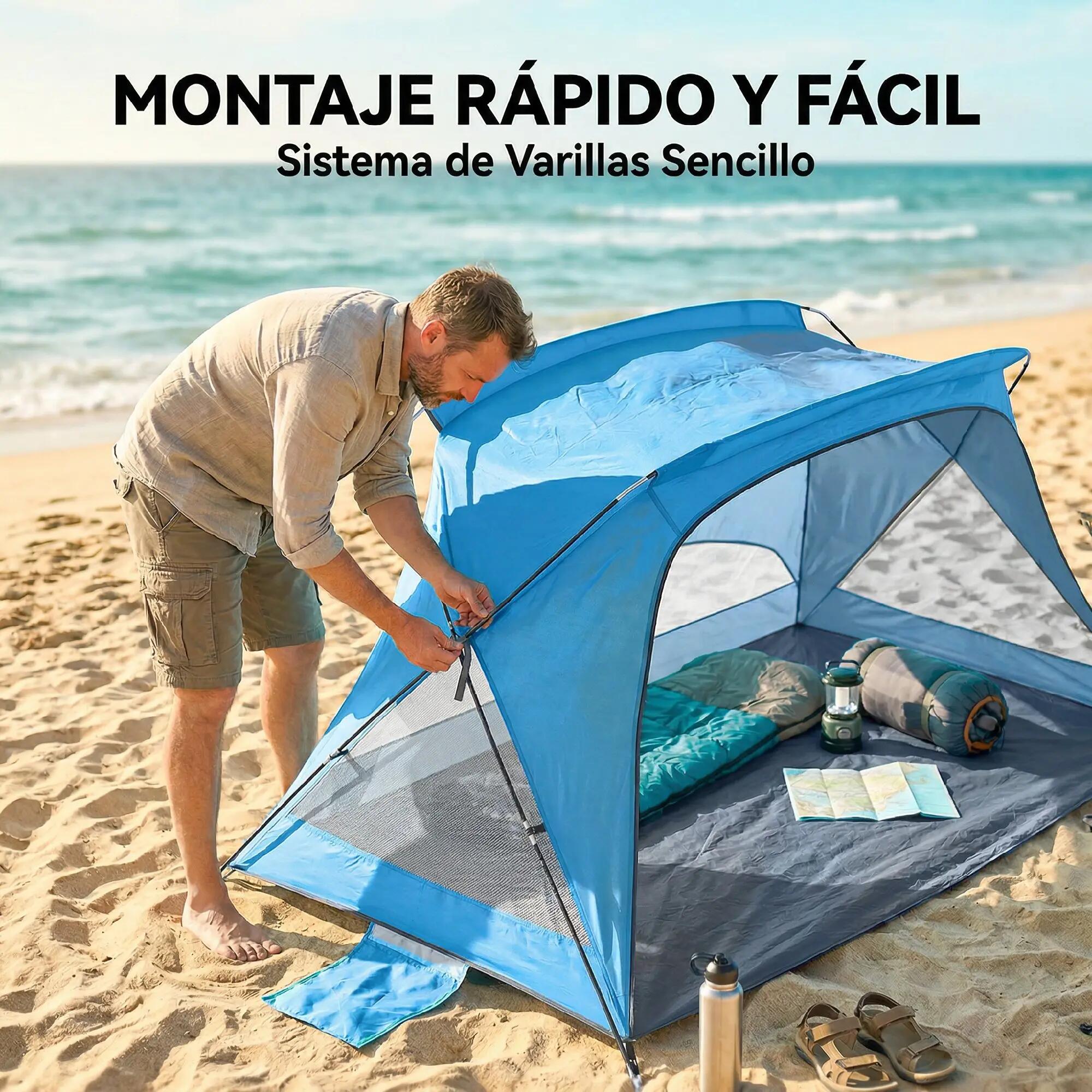 Tente de plage pour 2 à 3 personnes avec sacs de sable, porte, fenêtres, protect 6/9
