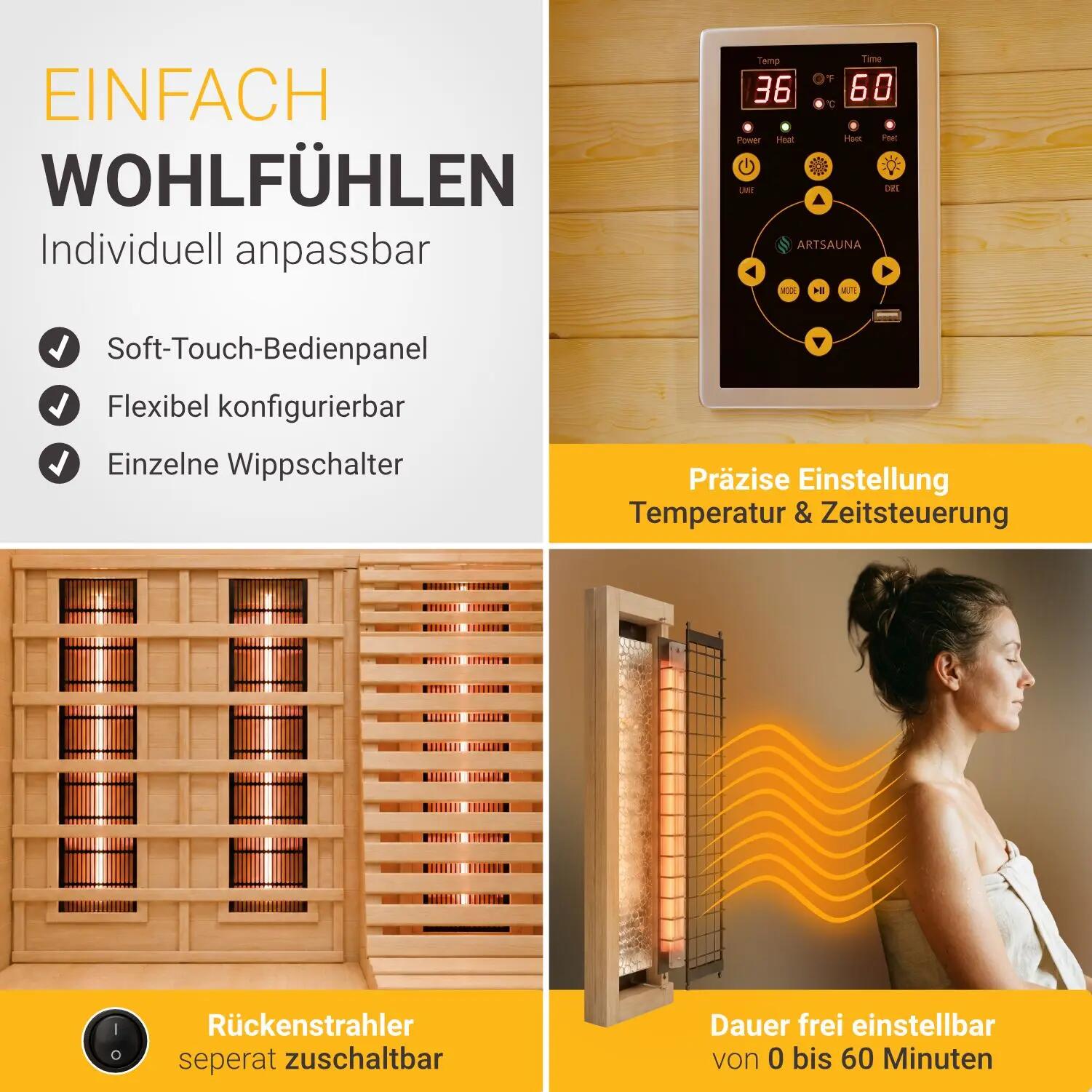 Infrarotkabine Aalborg mit Dual-Technologie 2 Personen Hemlockholz 5/7