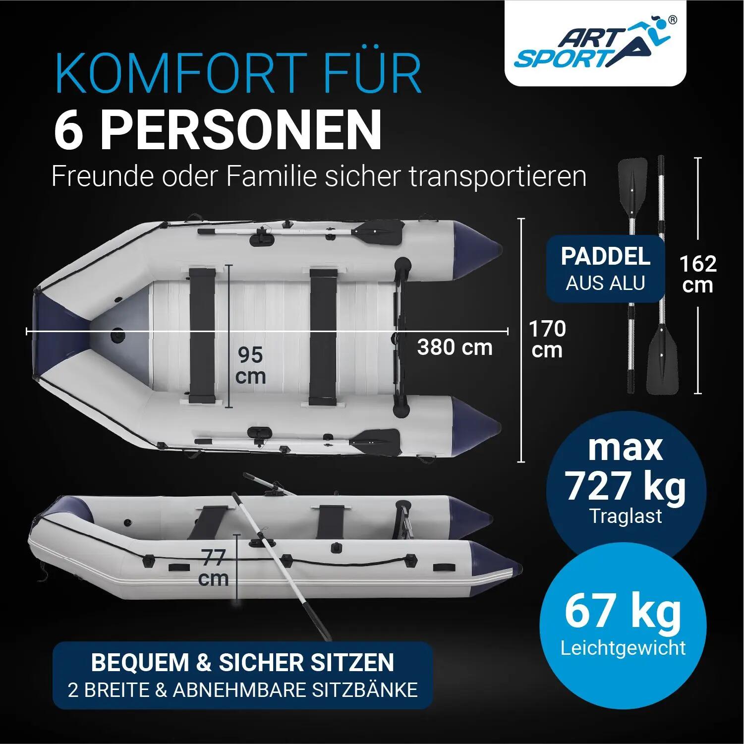 JUSKYS Schlauchboot 3,80 m 2 Sitzbänke, Paddel, Pumpe, Tasche & Reparaturset 5/7