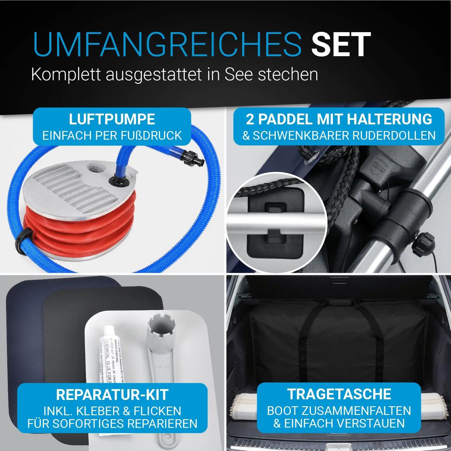 JUSKYS Schlauchboot 3,80 m 2 Sitzbänke, Paddel, Pumpe, Tasche & Reparaturset 4/7