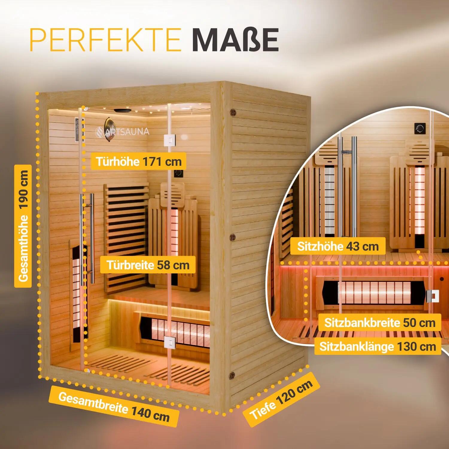 ARTSAUNA Infrarotkabine Aarhus140 Natur, 2 Personen, Dual-Heizsystem, Hemlock 7/7