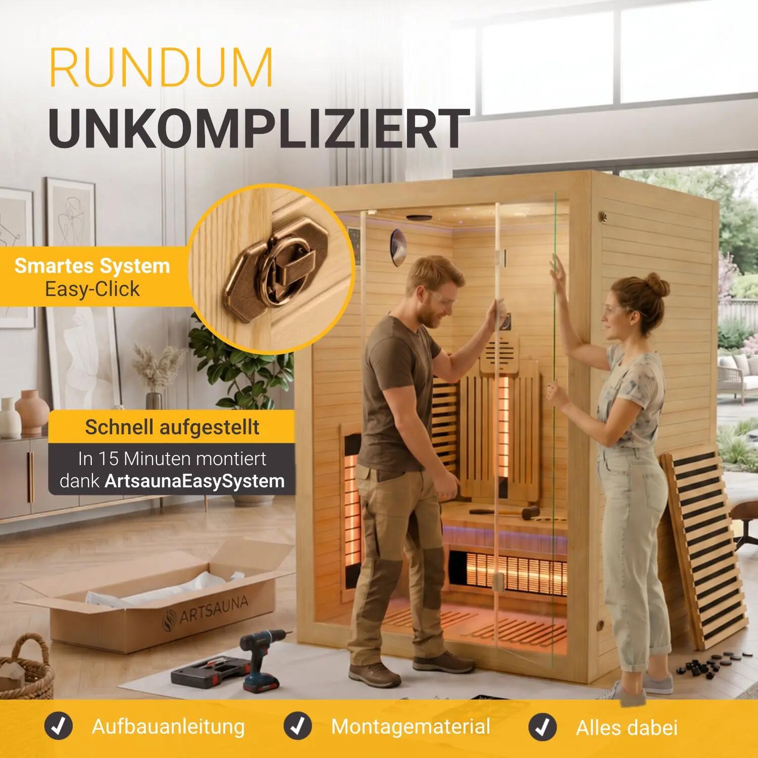 ARTSAUNA Infrarotkabine Aarhus140 Natur, 2 Personen, Dual-Heizsystem, Hemlock 6/7
