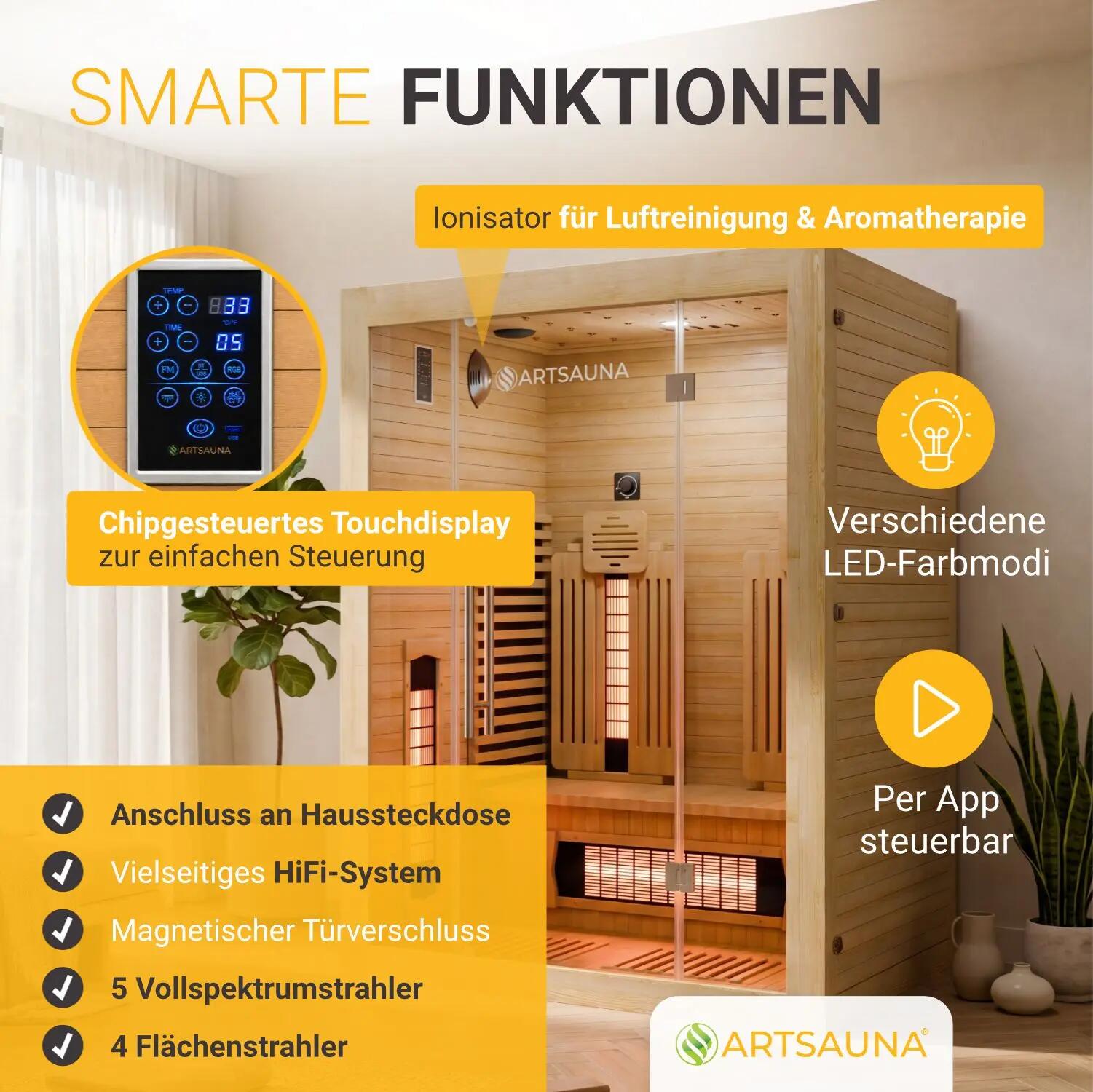 ARTSAUNA Infrarotkabine Aarhus140 Natur, 2 Personen, Dual-Heizsystem, Hemlock 4/7