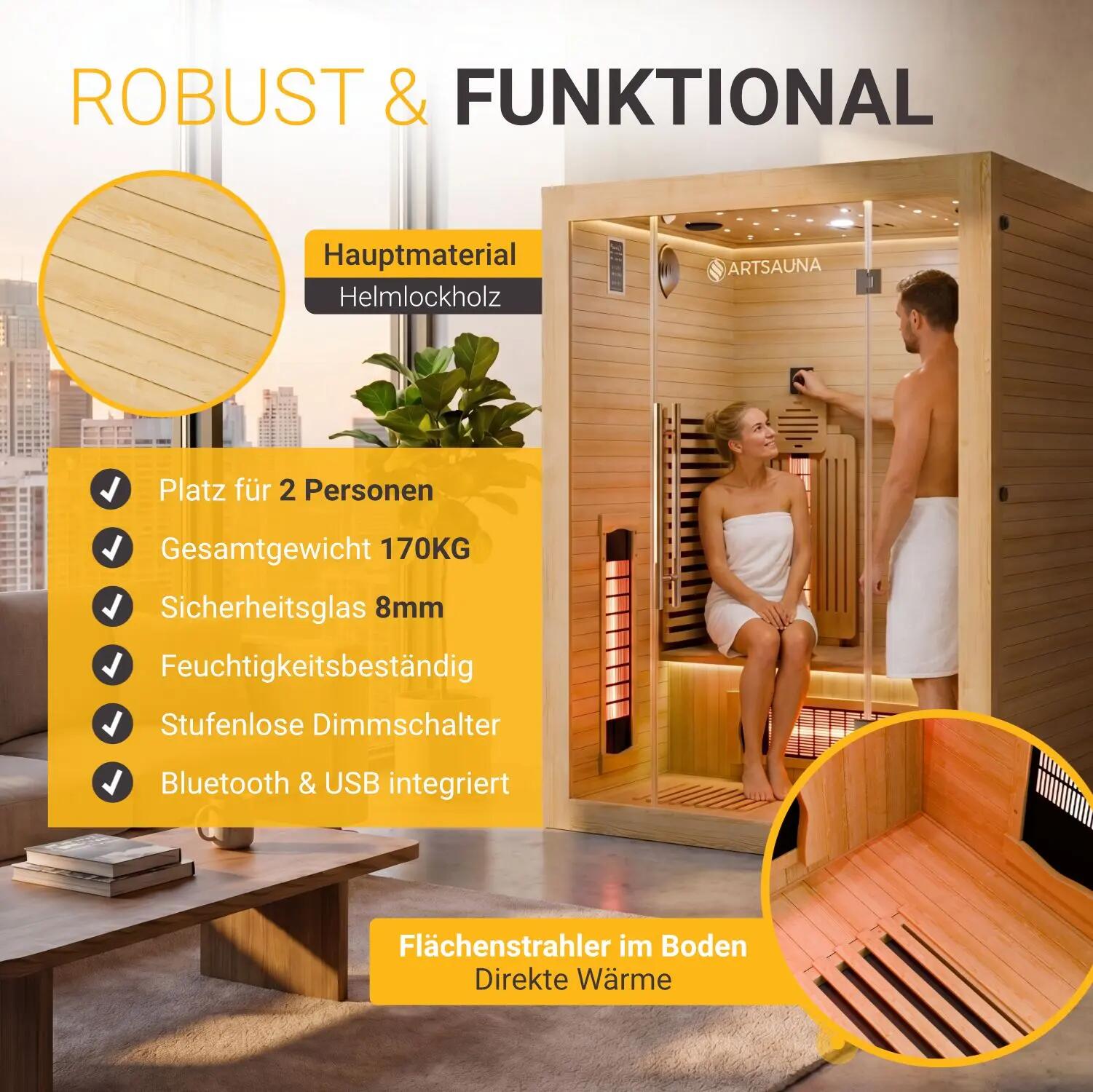 ARTSAUNA Infrarotkabine Aarhus140 Natur, 2 Personen, Dual-Heizsystem, Hemlock 2/7