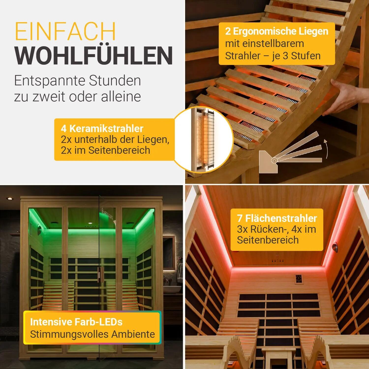 ARTSAUNA Infrarotkabine Billund Dual-Heizsystem 2 Personen LED-Farblicht 4/7