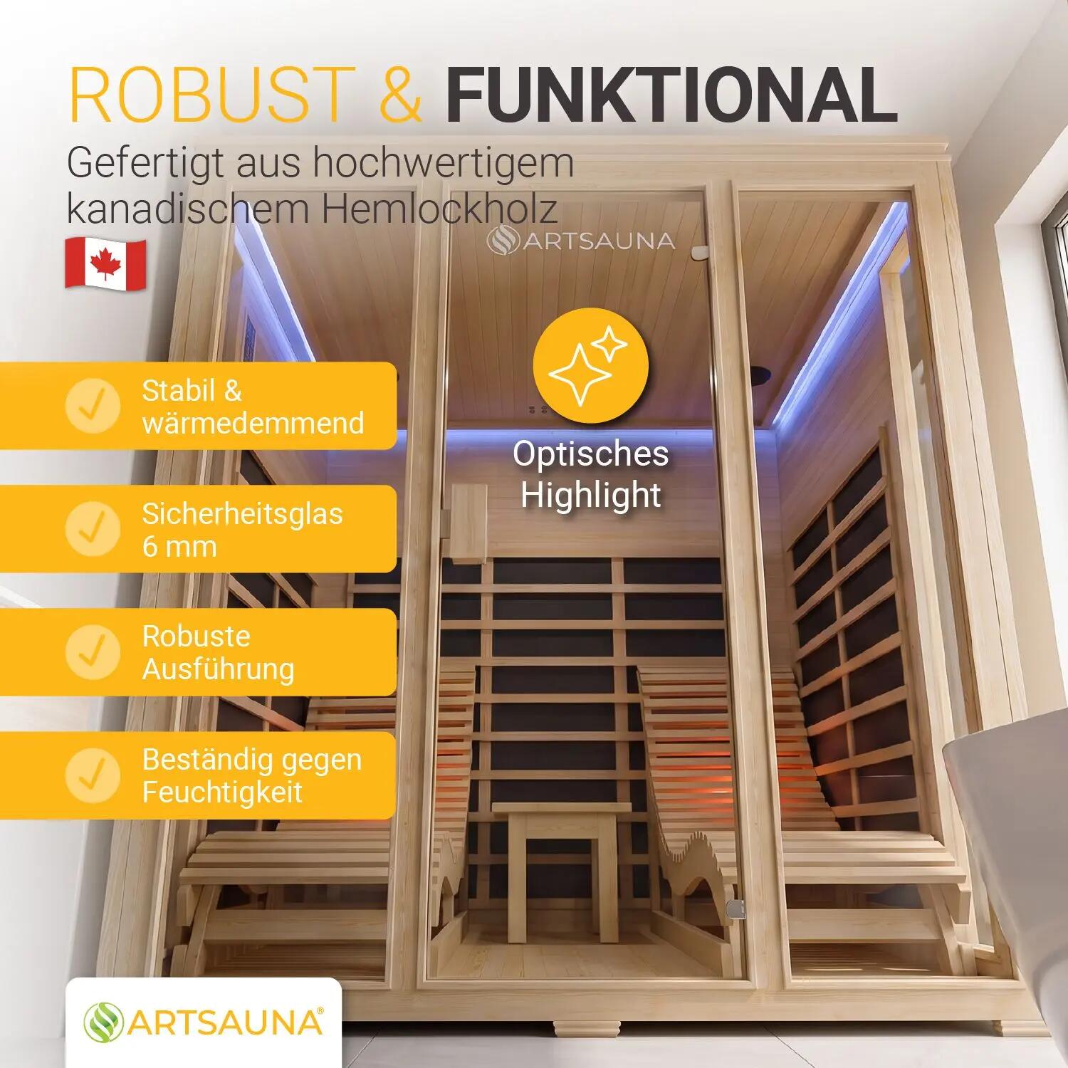 ARTSAUNA Infrarotkabine Billund Dual-Heizsystem 2 Personen LED-Farblicht 3/7