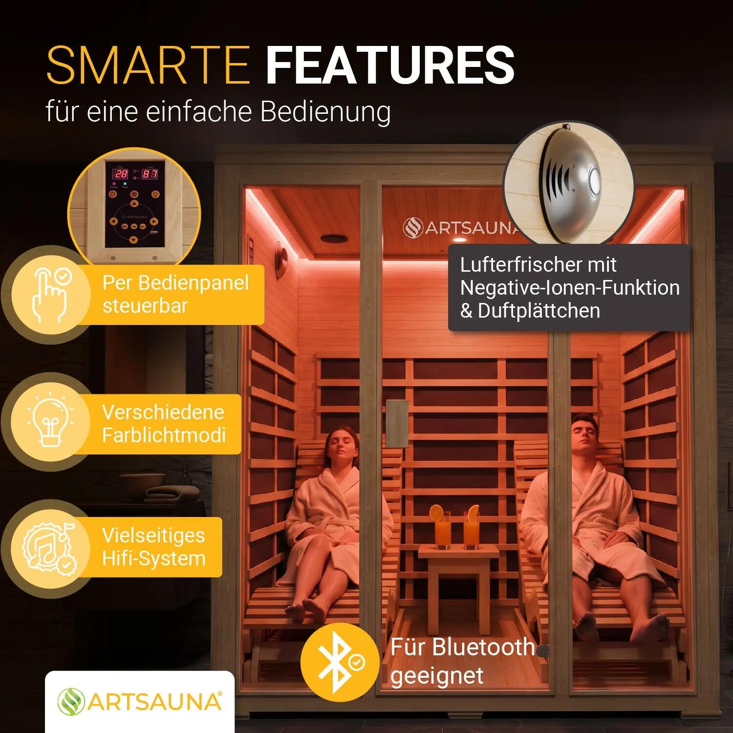 ARTSAUNA Infrarotkabine Billund Dual-Heizsystem 2 Personen LED-Farblicht 2/7