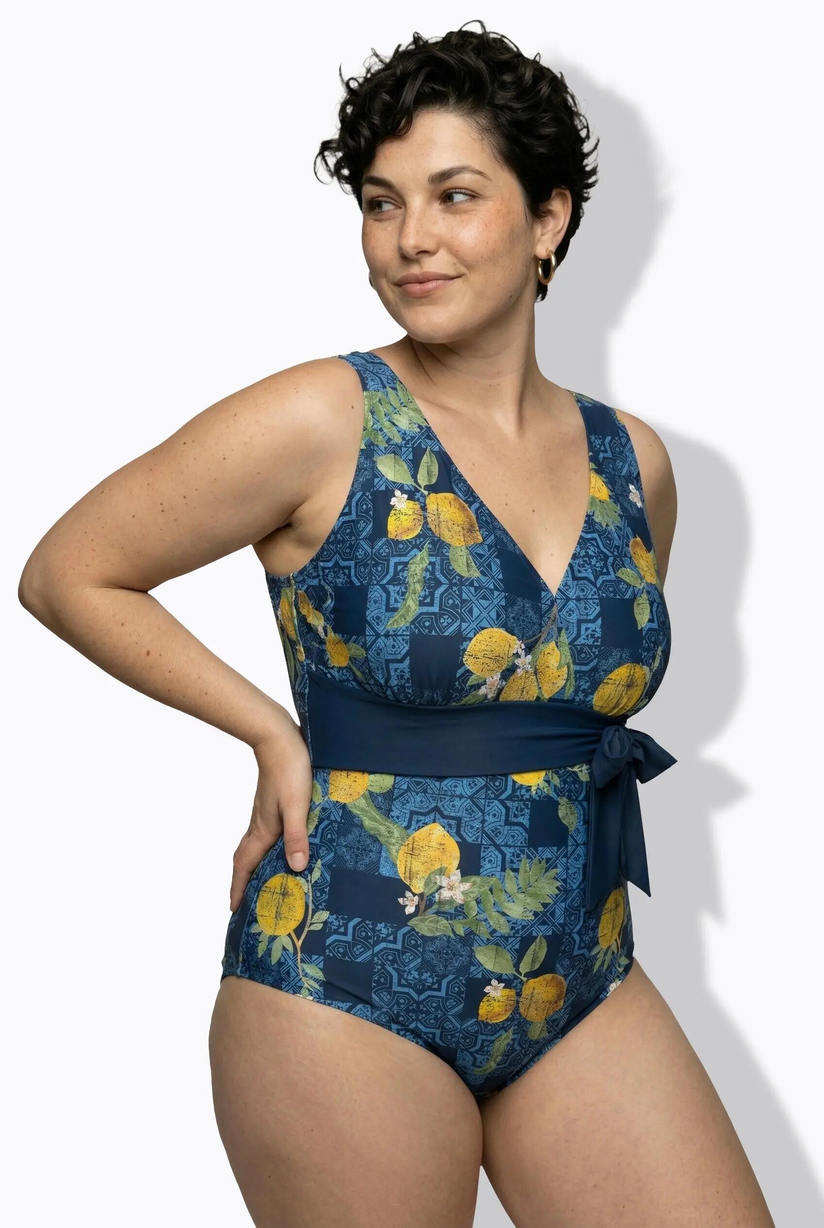 Femme Maillot de bain motif citrons bonnets souples et ruban à nouer 11/13