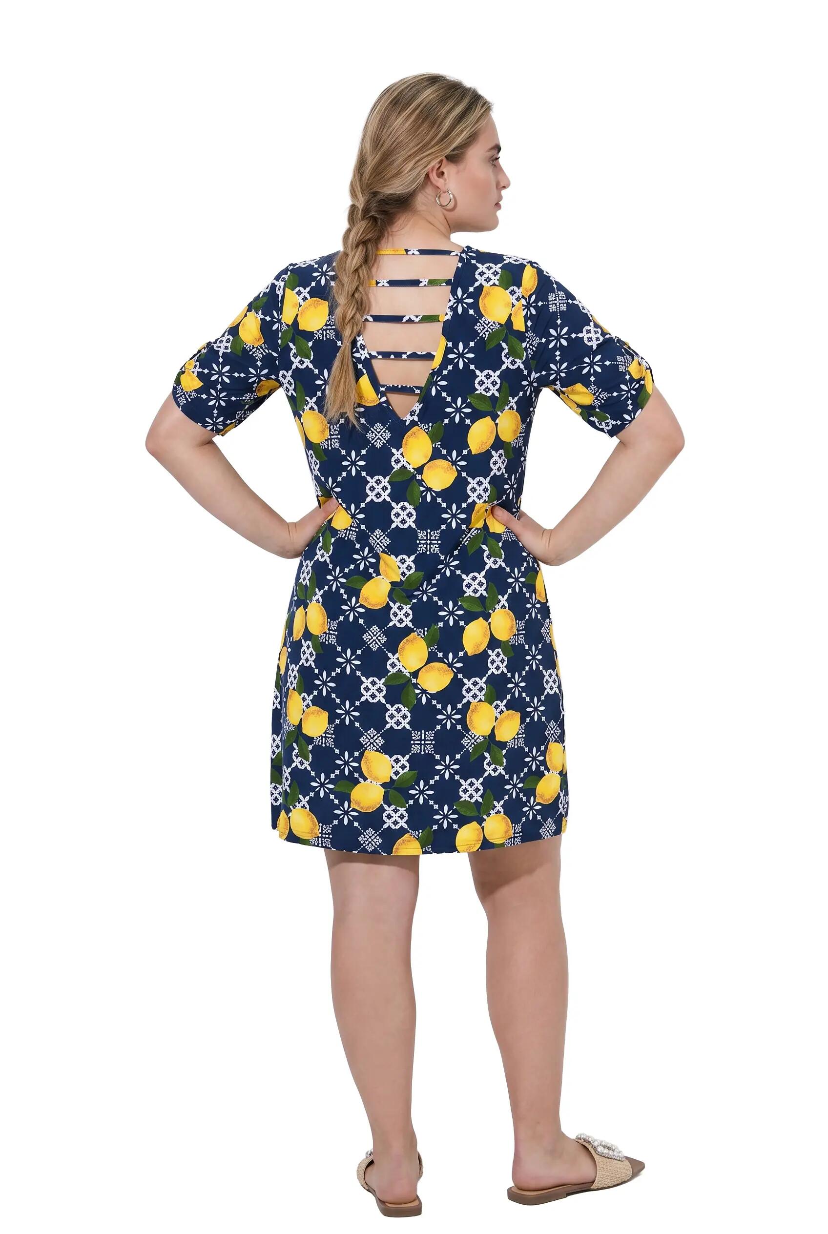 Damen Strandkleid Zitronen A-Linie V-Ausschnitt Halbarm 3/13