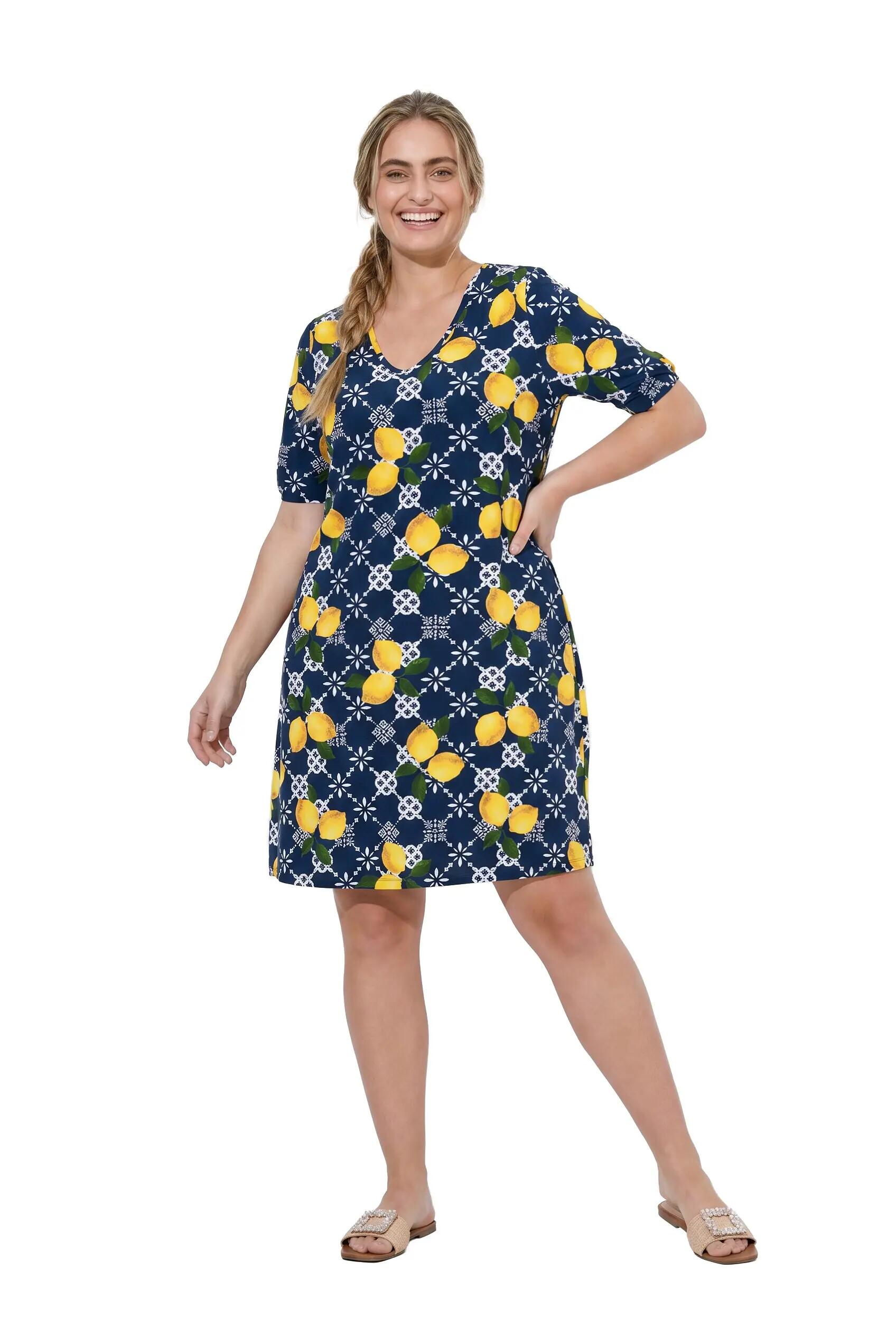 Damen Strandkleid Zitronen A-Linie V-Ausschnitt Halbarm 2/13
