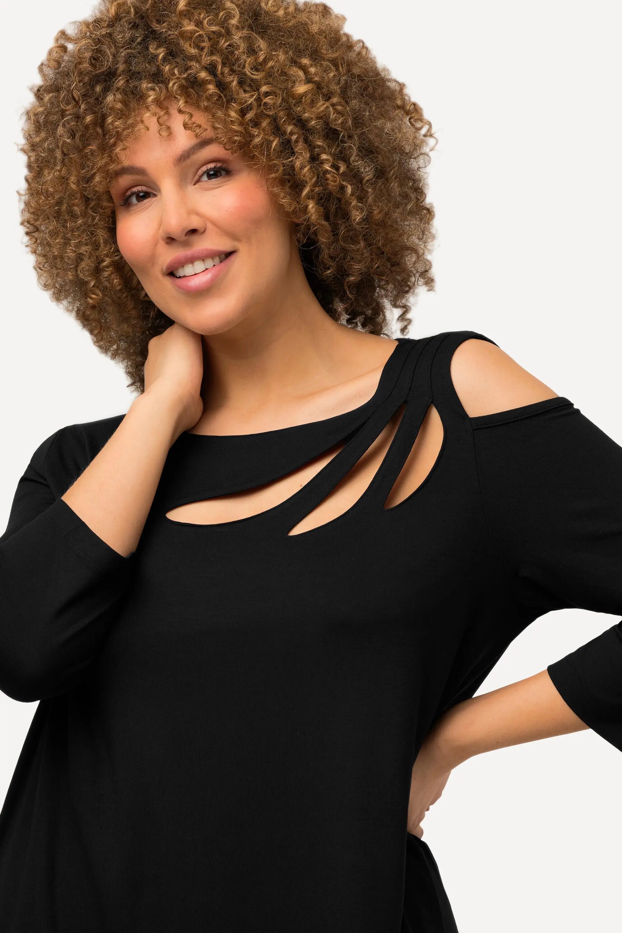 Femme T-shirt avec découpes encolure bateau et manches 3/4 coupe évasée 7/9