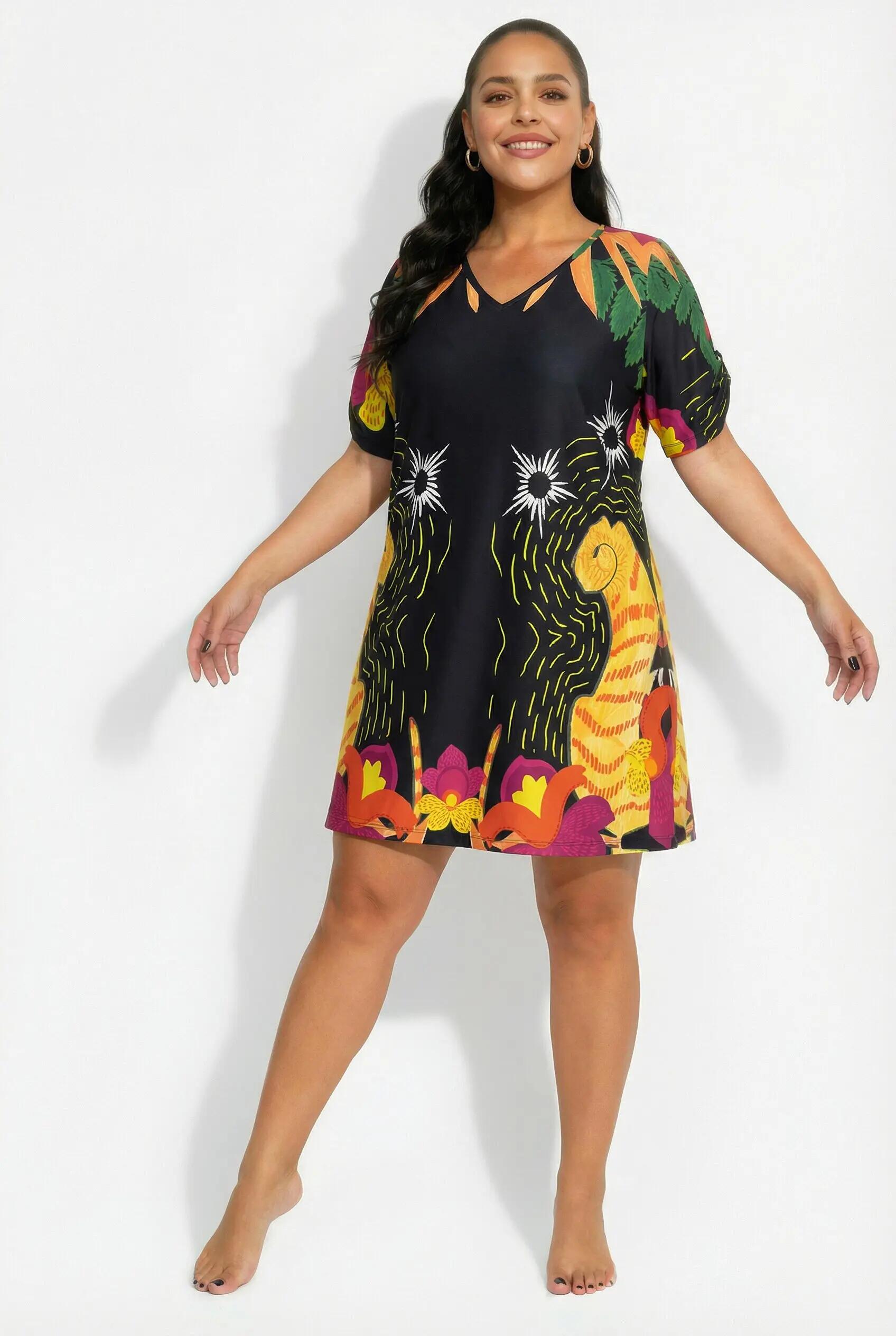 Damen Jerseykleid Katze A-Linie V-Ausschnitt Halbarm 12/13