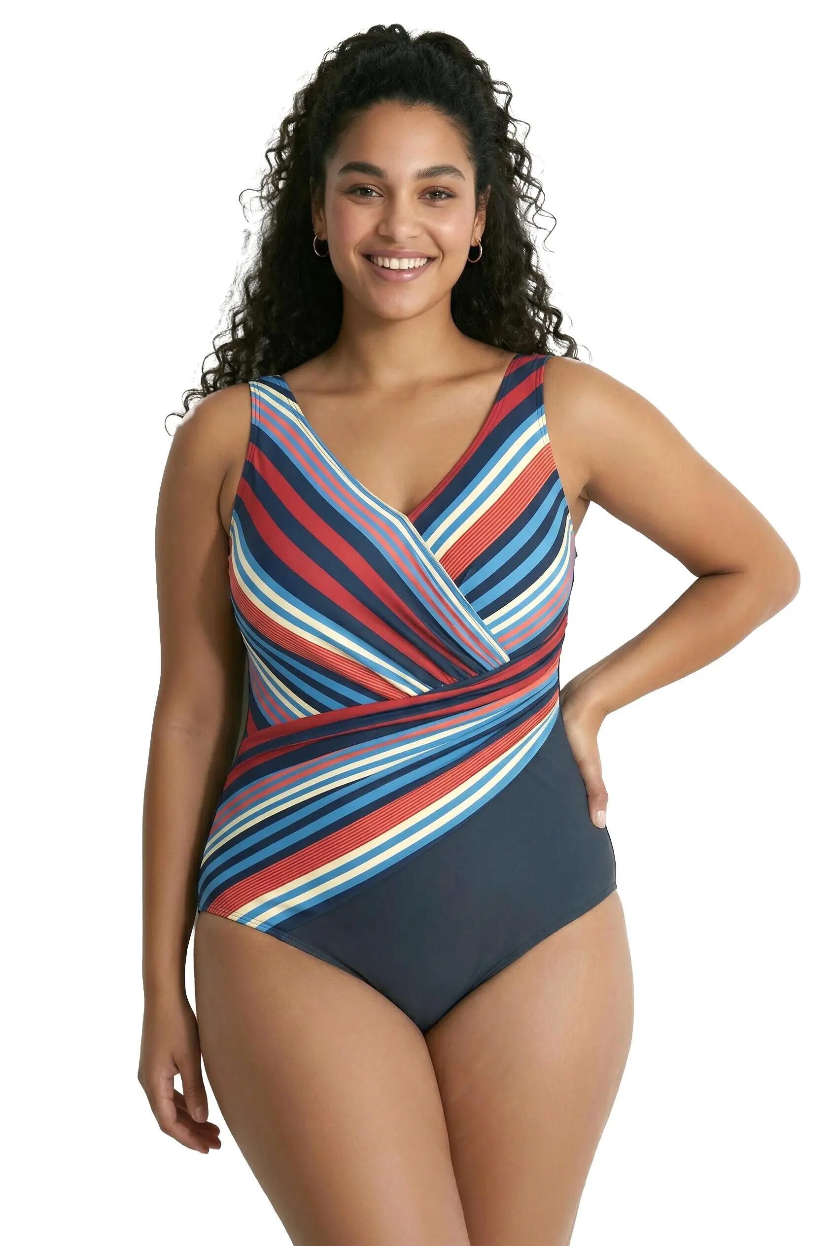 Damen Badeanzug Streifen Softcups recycelt 4/13