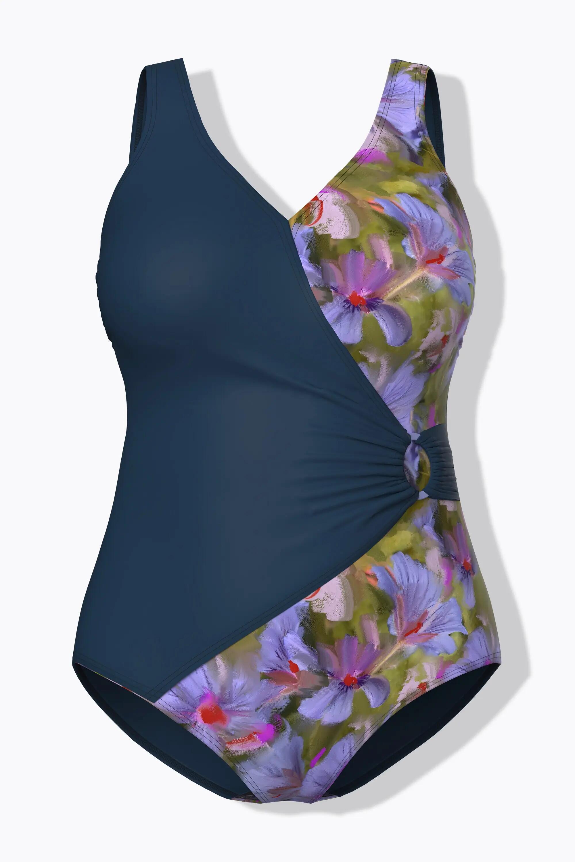 Damen Badeanzug Wickeleffekt Softcups Zierring 10/11