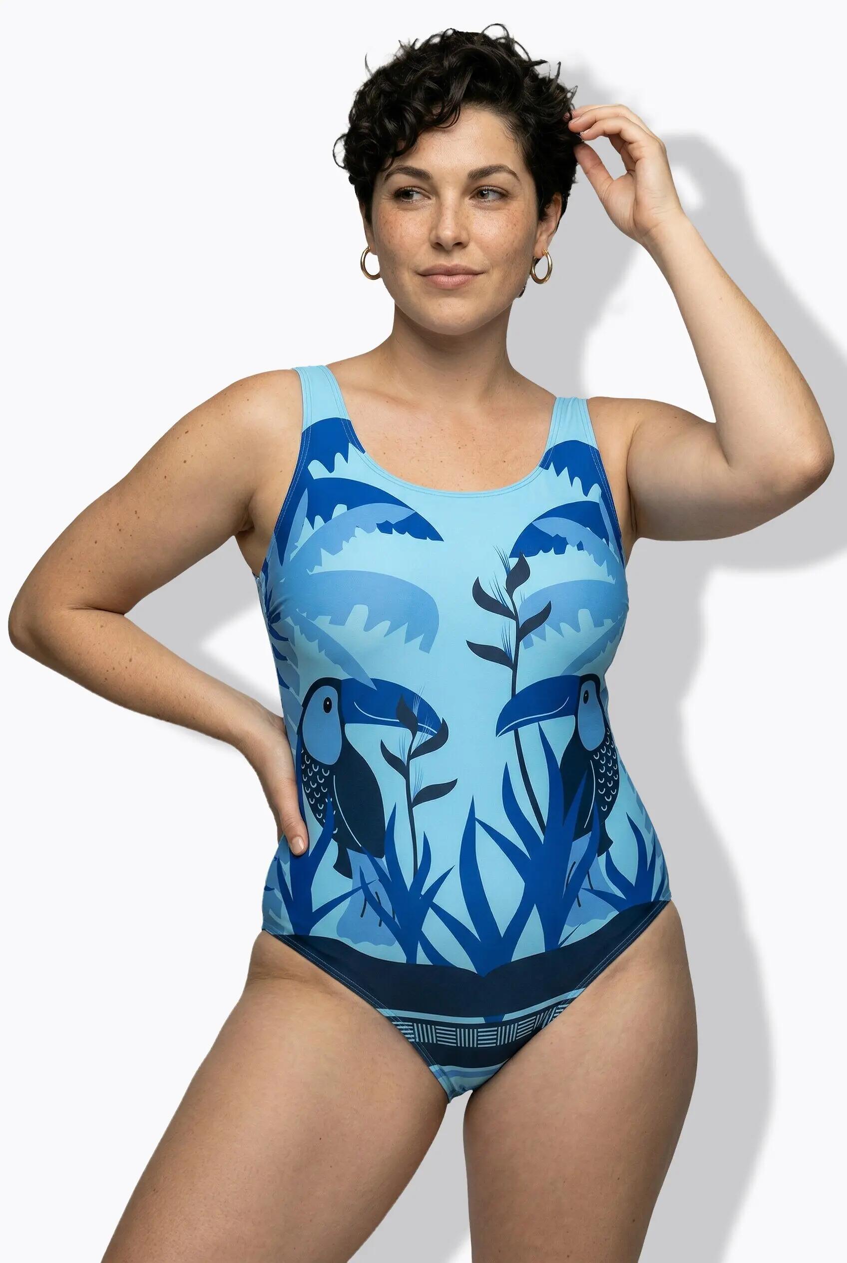 Femme Maillot de bain motif toucans sans bonnets souples décolleté rond 11/13