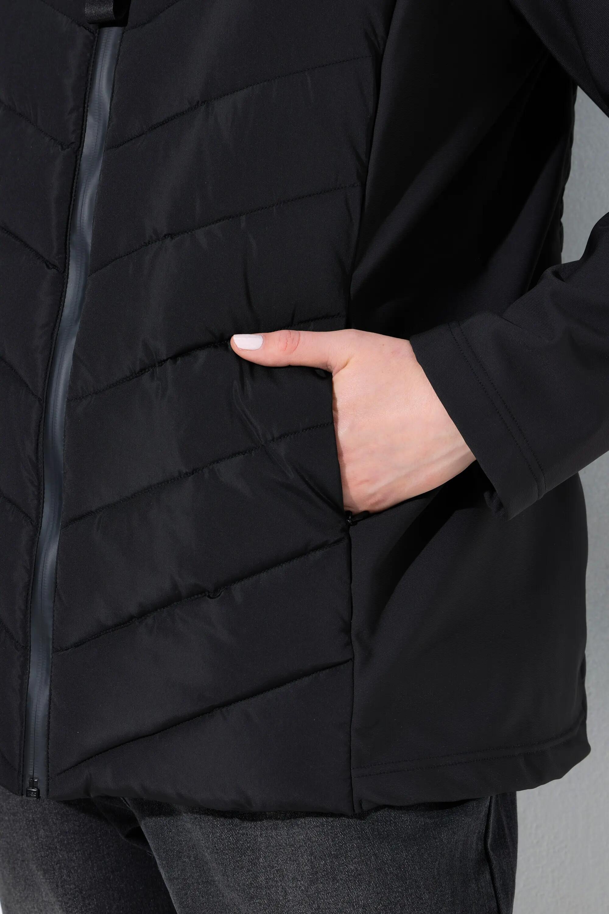 Dames HYPRAR hybride jas materiaalmix opstaande kraag capuchon 7/9