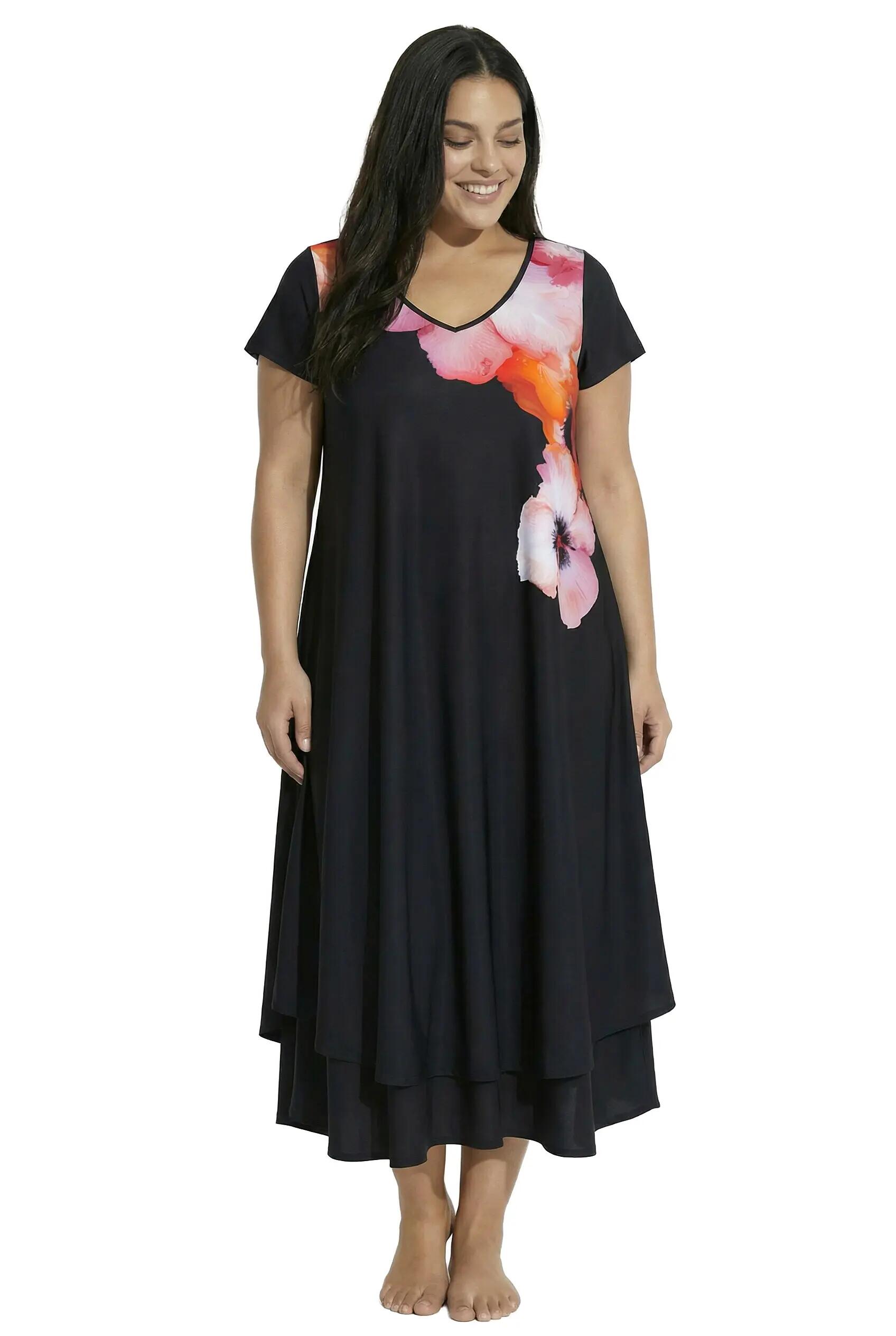 Damen Midikleid Blüten A-Linie V-Ausschnitt Cap-Ärmel 2/13