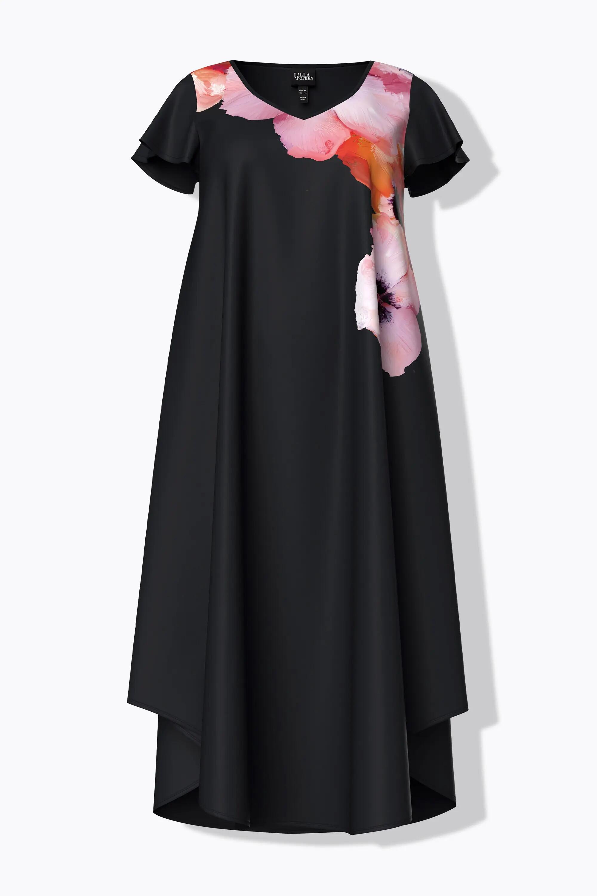 Damen Midikleid Blüten A-Linie V-Ausschnitt Cap-Ärmel 12/13