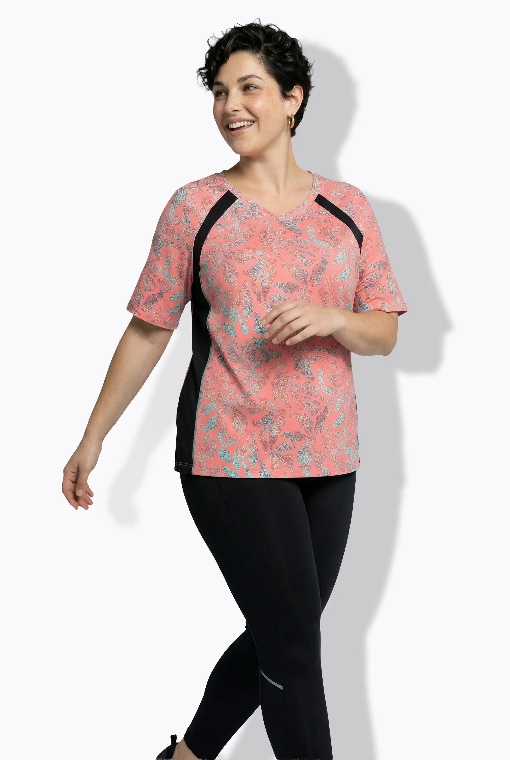 Femme T-shirt en mesh imprimé feuilles décolleté en V et manches courtes 7/9