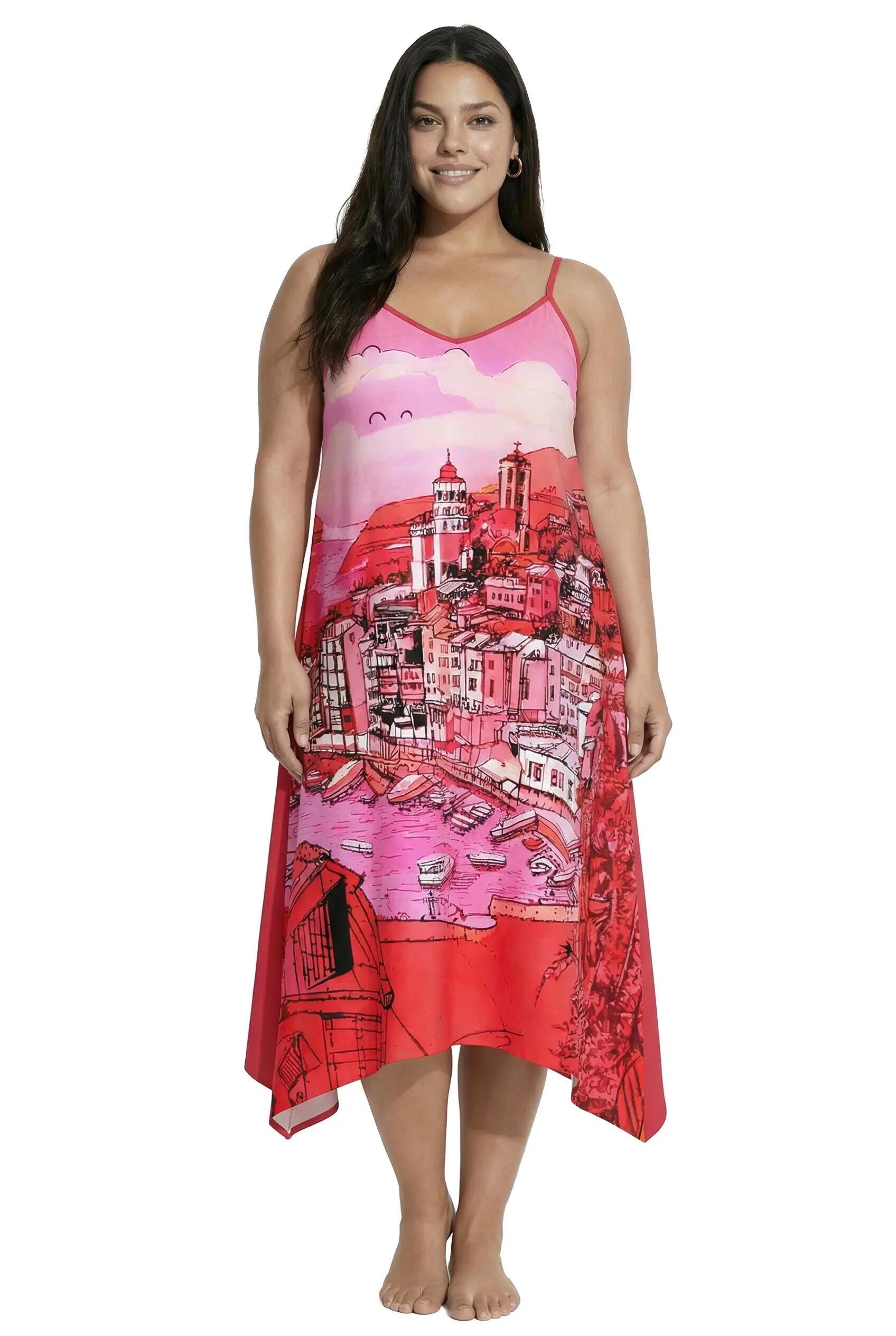 Damen Kleid Urlaubsmotiv A-Linie V-Ausschnitt ärmellos 4/13