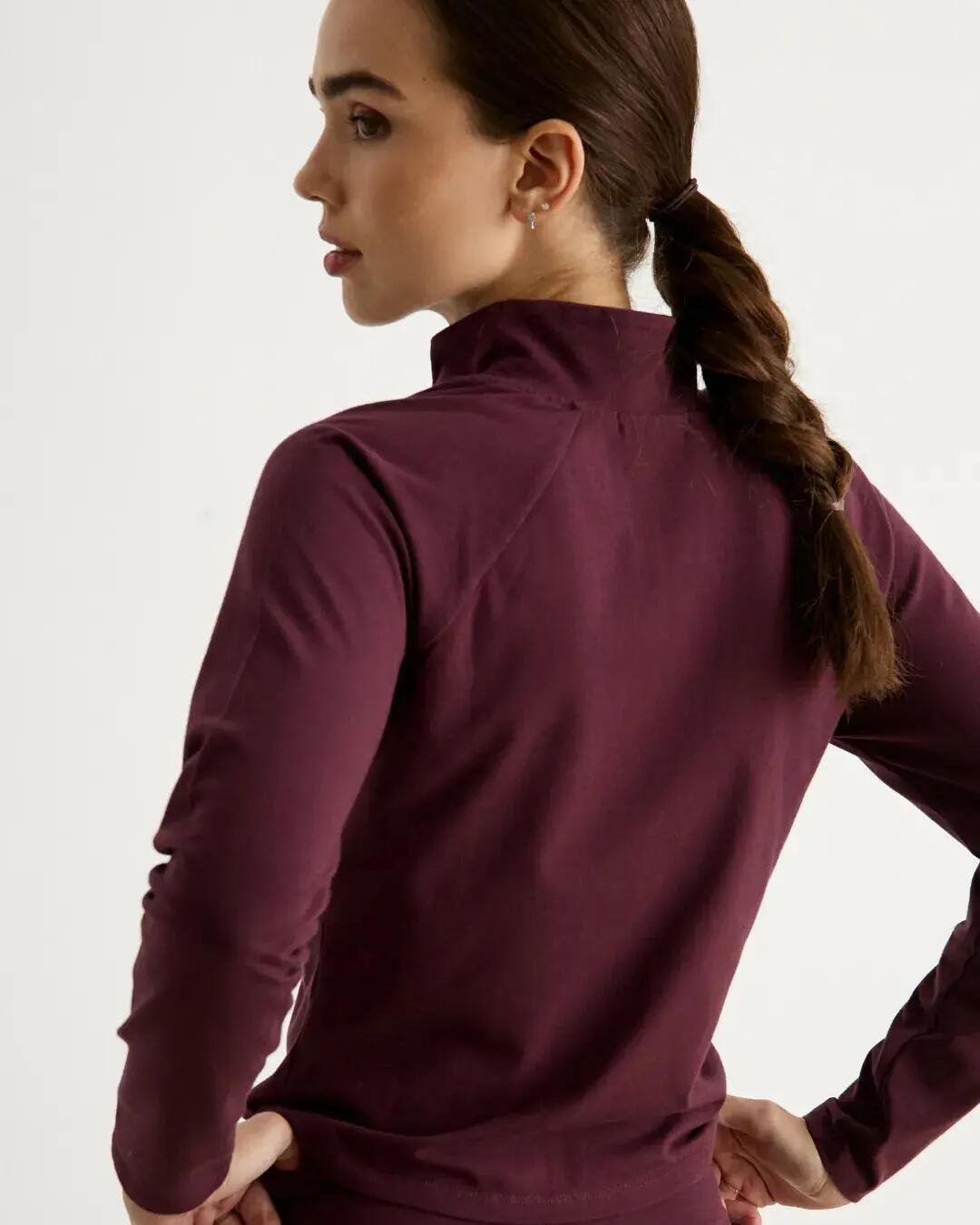 Chaqueta deportiva de algodón orgánico para mujer, ceñida y cuello alto, burdeos 4/5