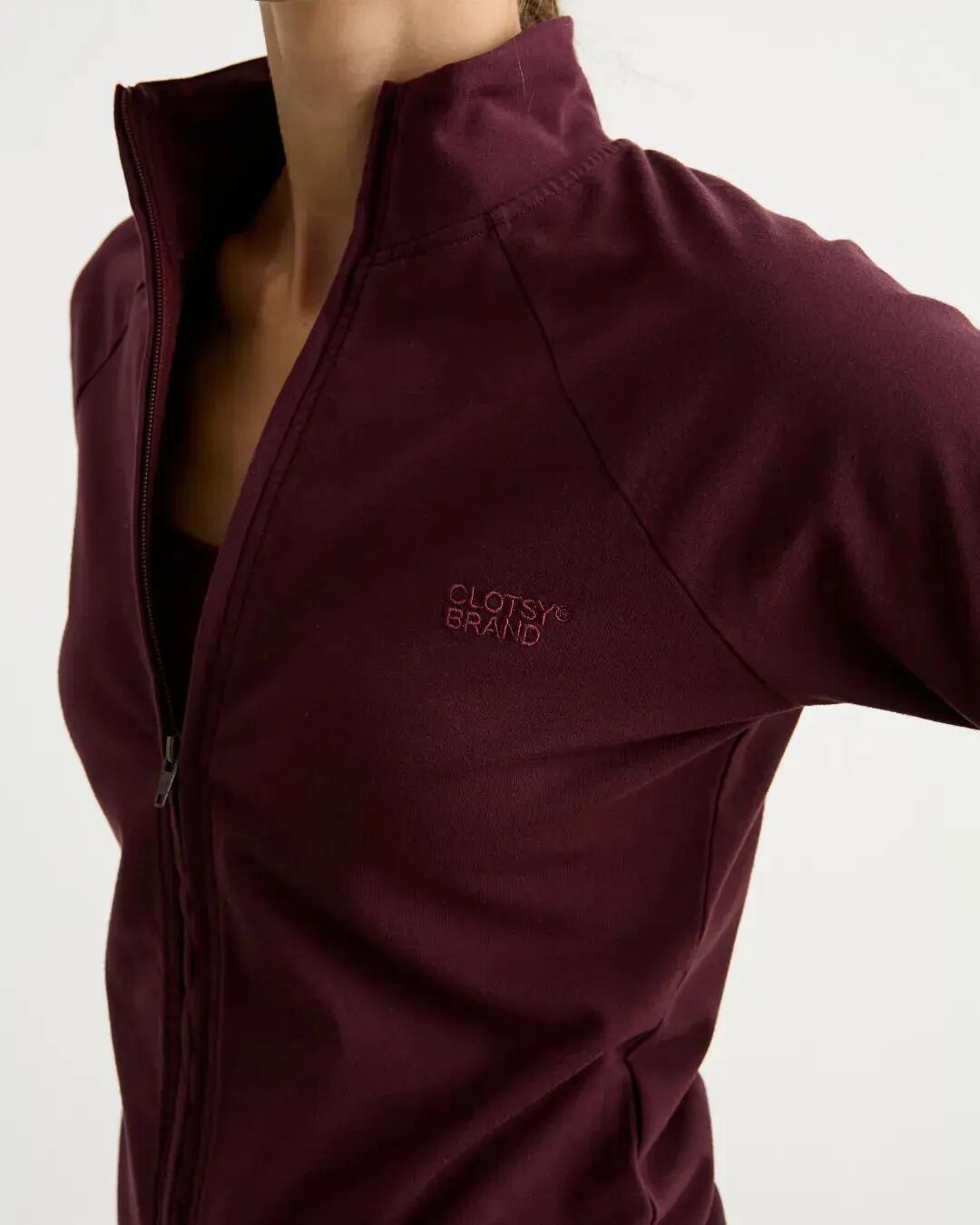 Chaqueta deportiva de algodón orgánico para mujer, ceñida y cuello alto, burdeos 3/5