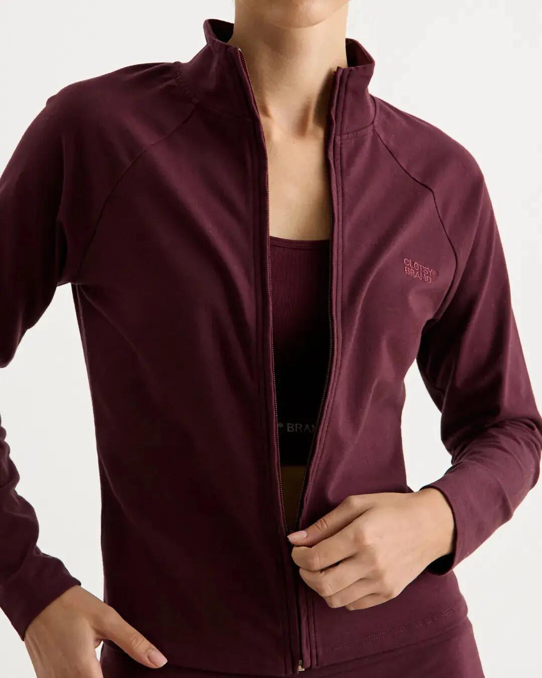 Chaqueta deportiva de algodón orgánico para mujer, ceñida y cuello alto, burdeos 2/5