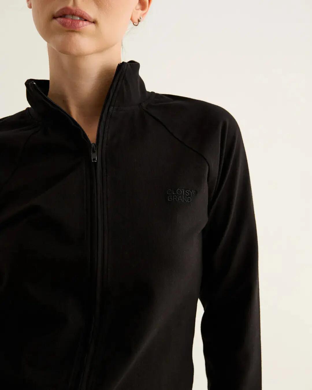 Chaqueta deportiva de algodón orgánico para mujer, ceñida y cuello alto, negro 2/4