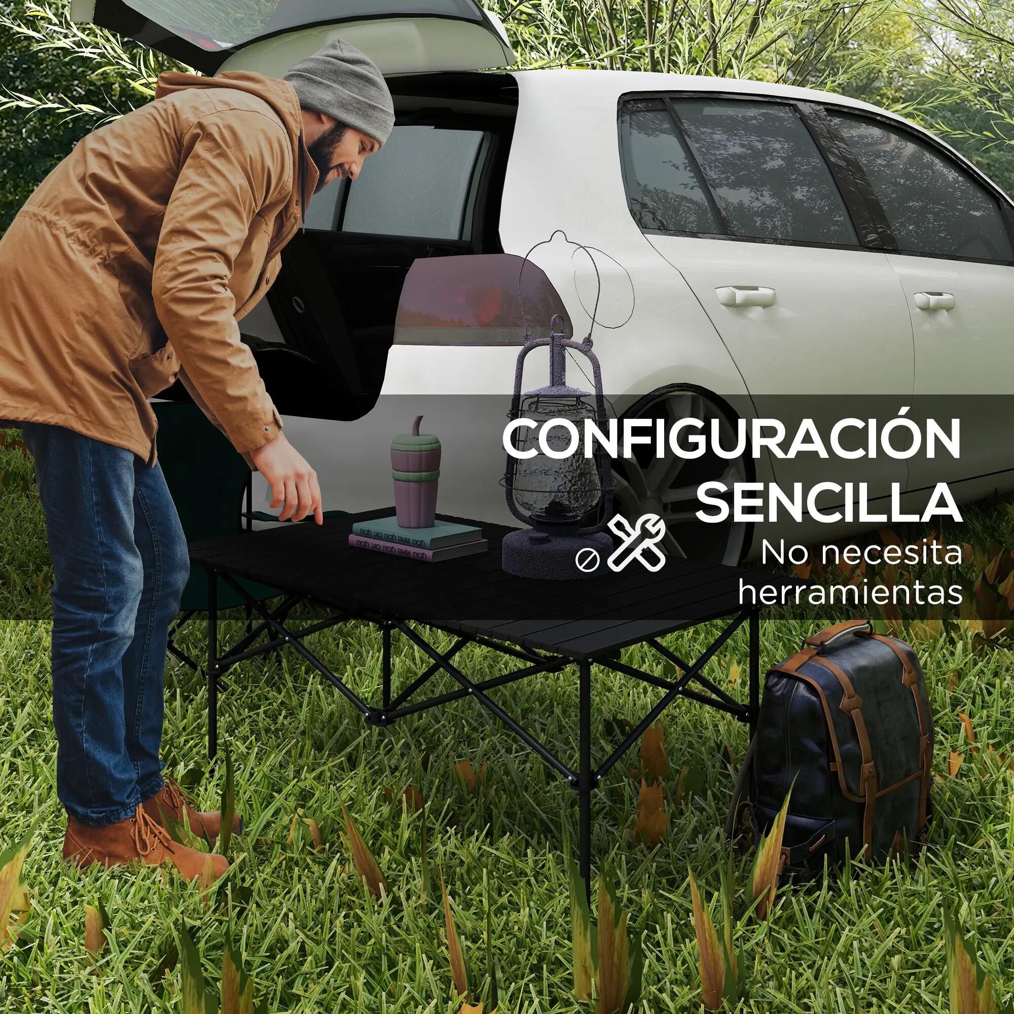 Table de camping pliante avec plateau enroulable et sac de rangement 8/9