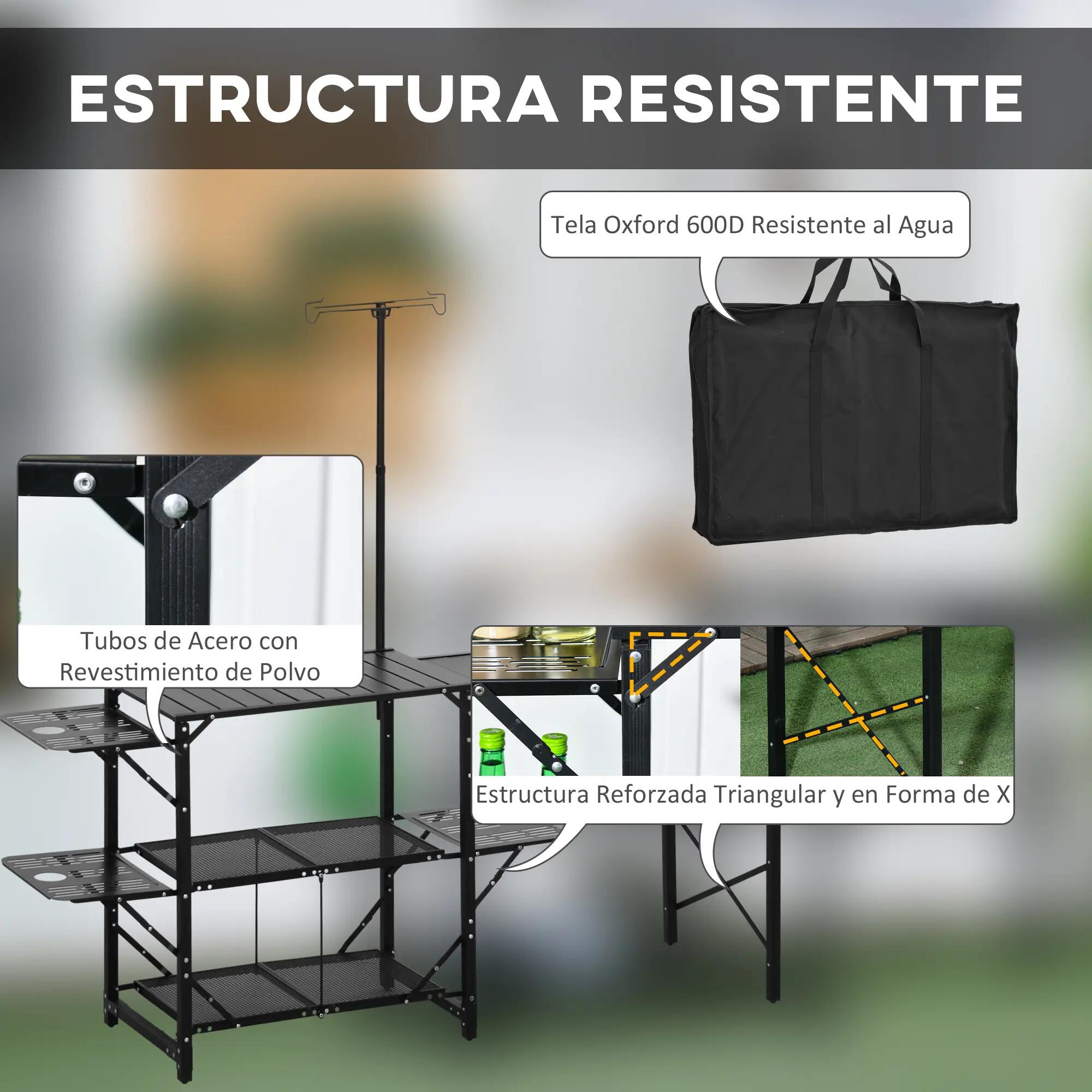 Table de camping pliante avec évier, support de lampe et étagères pour barbecues 9/9
