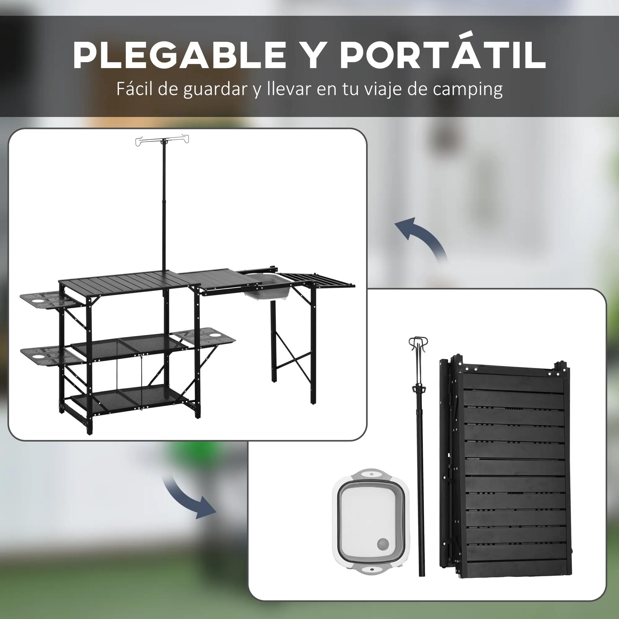 Table de camping pliante avec évier, support de lampe et étagères pour barbecues 8/9