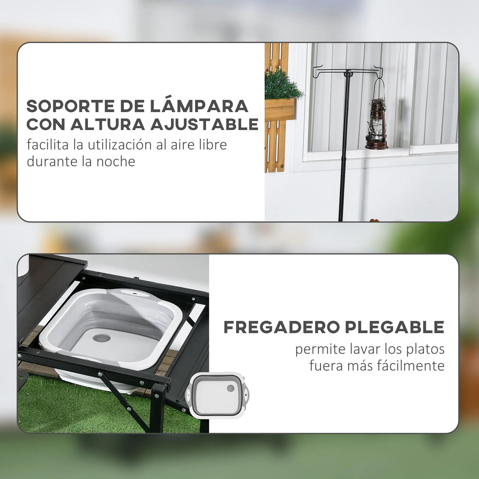 Table de camping pliante avec évier, support de lampe et étagères pour barbecues 7/9