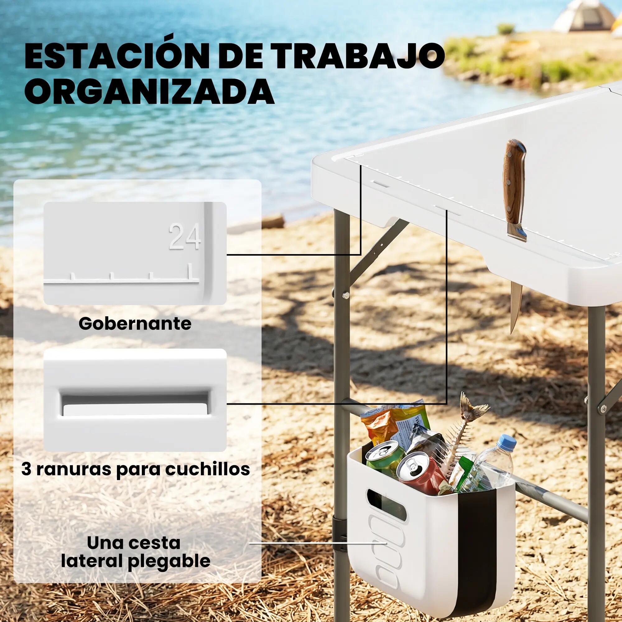 Table de camping pliante avec évier, robinet, hauteur réglable, seau pliable 9/9