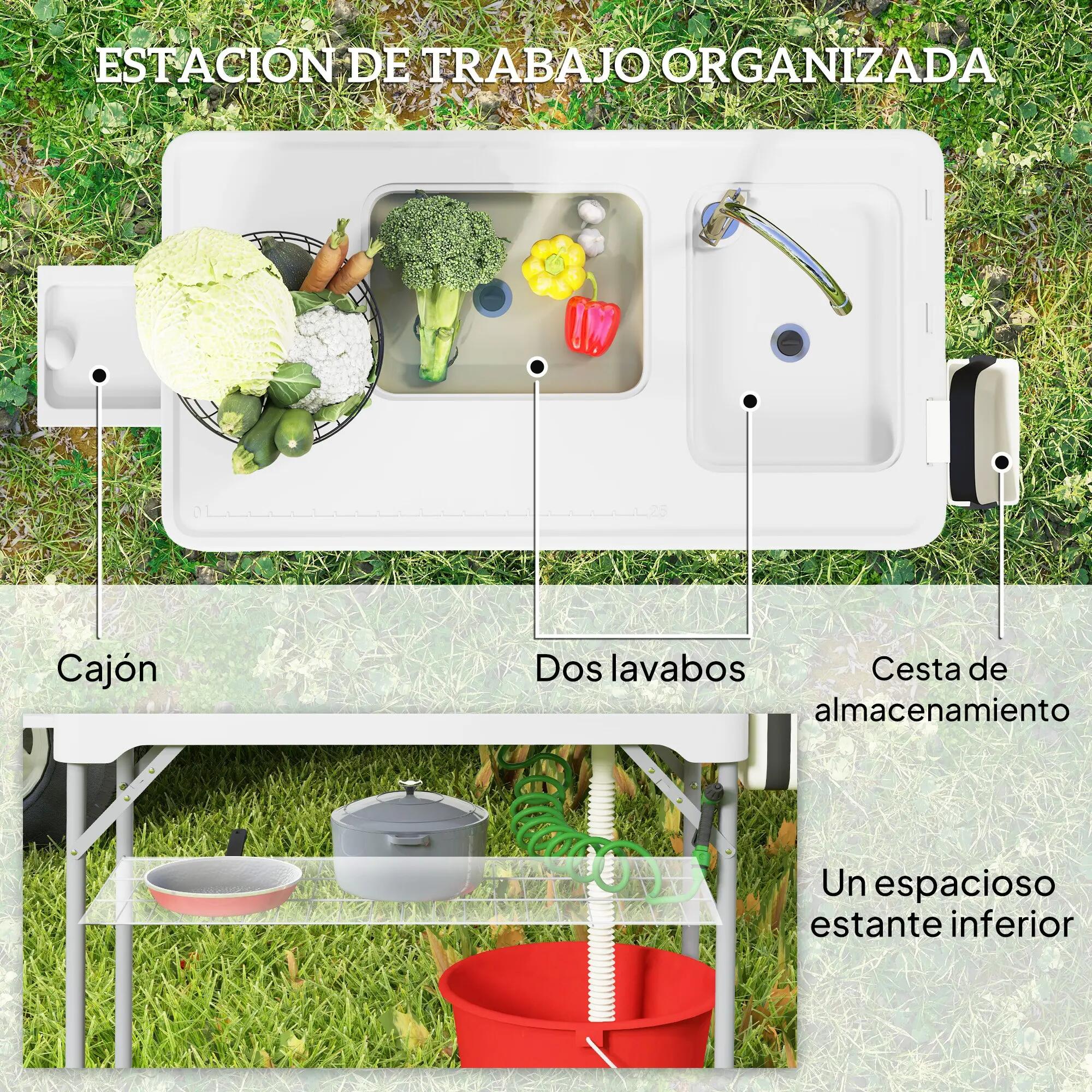 Table de camping pliante avec 2 éviers, tuyau d'évacuation, station de nettoyage 8/9