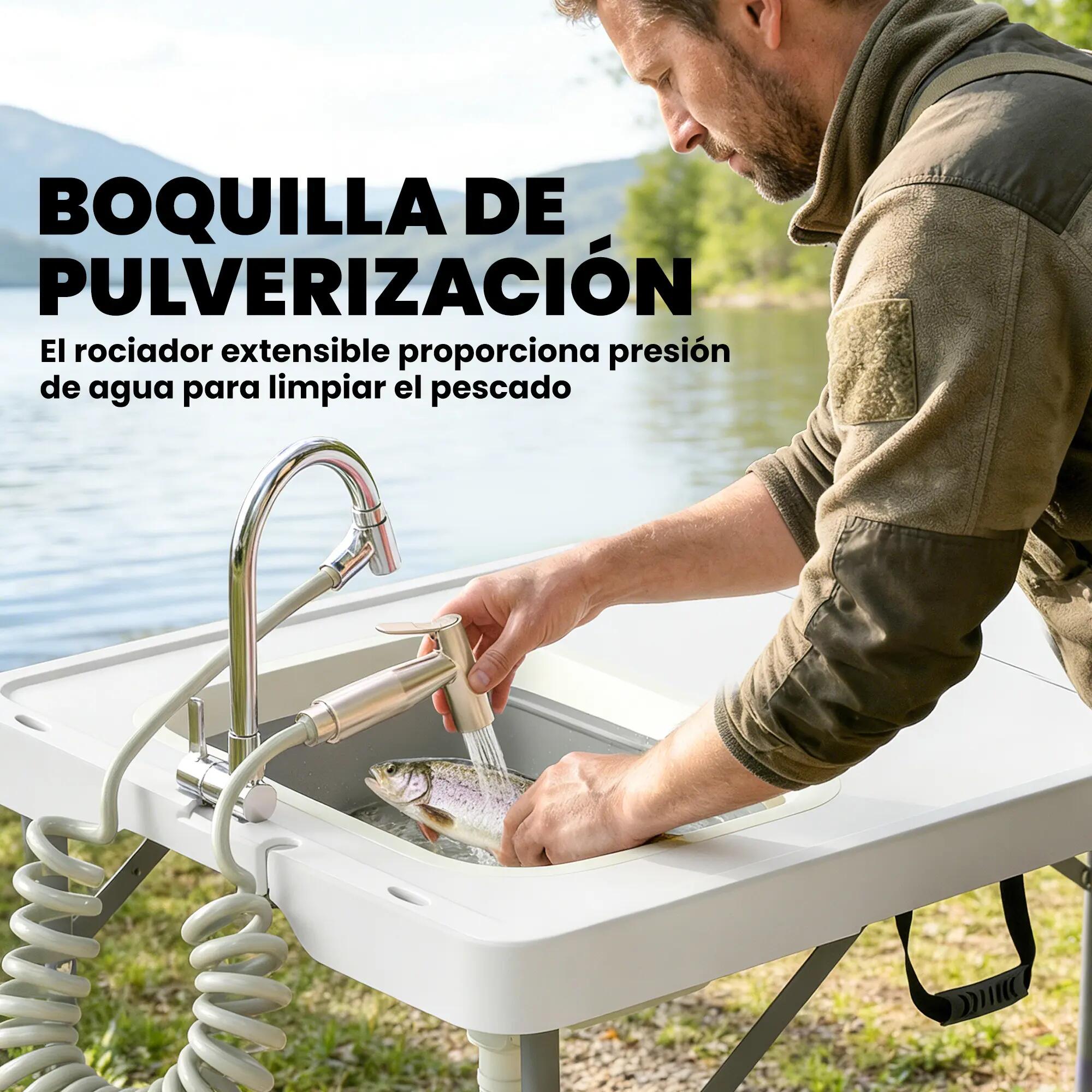 Table de camping pliante avec évier, robinet, hauteur réglable, seau pliable 7/9
