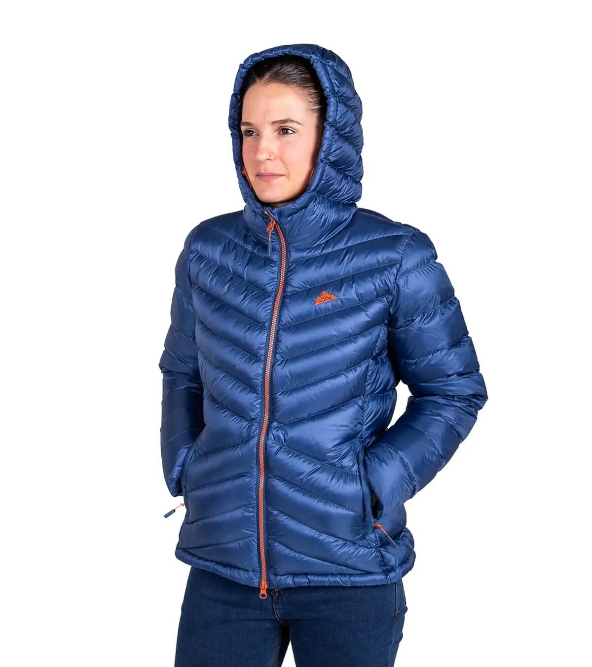 Chaqueta Térmica de Plumas para Montaña y Escalada Valhalla Mujer Azul-Naranja 4/5