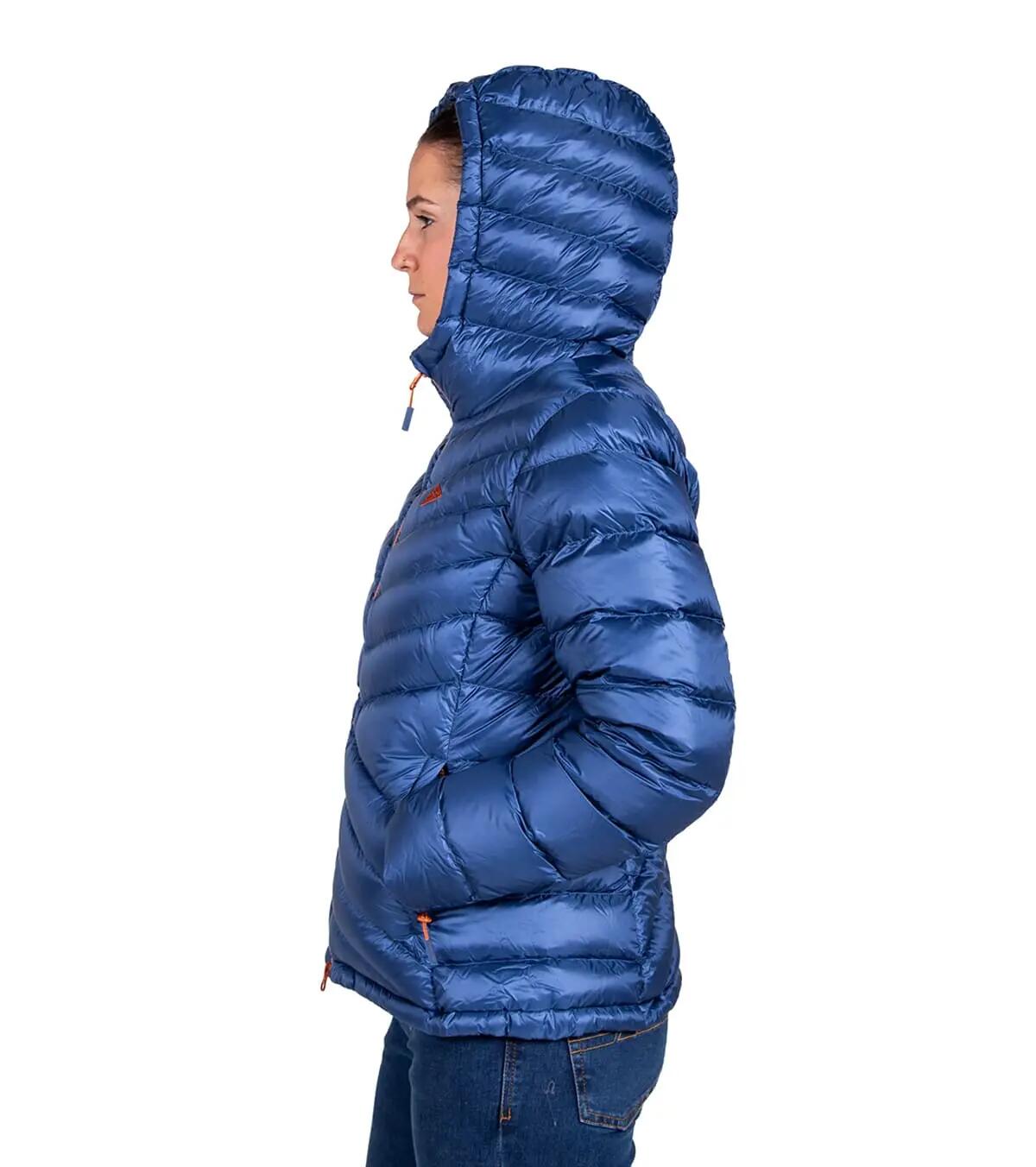 Chaqueta Térmica de Plumas para Montaña y Escalada Valhalla Mujer Azul-Naranja 2/5