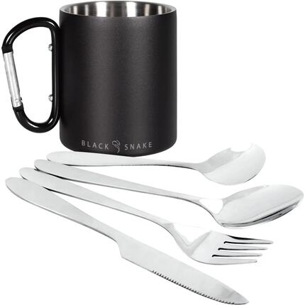 Camping Tasse Edelstahl mit Karabiner, doppelwandig, Besteck im Etui 1 Person
