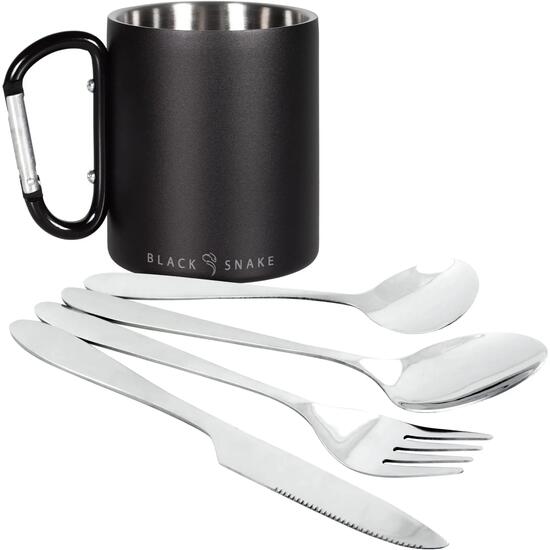 Camping Tasse Edelstahl mit Karabiner, doppelwandig, Besteck im Etui 1 Person