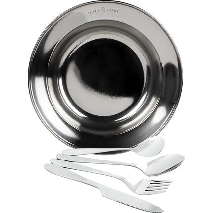 Camping Teller tief Edelstahl, Lunch-Besteck im Neopren-Etui, Set 1 Person