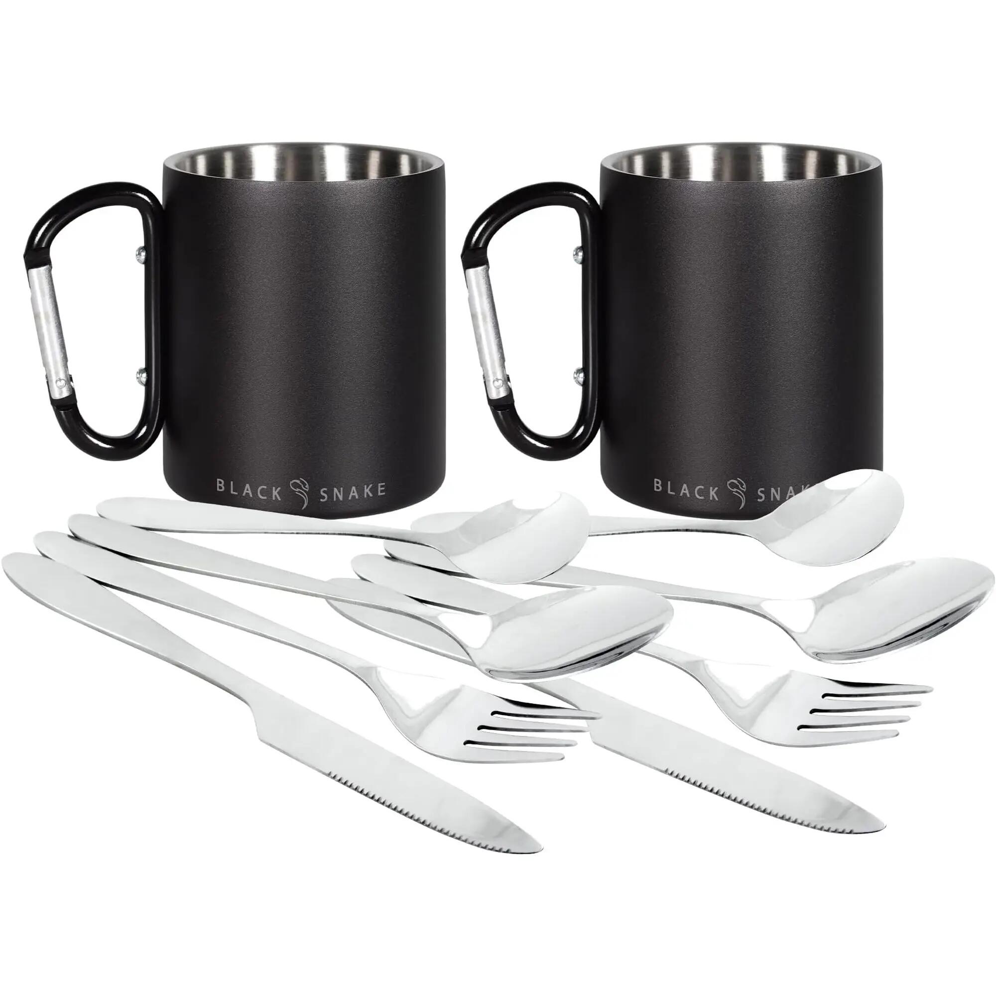 Campingbesteck im Neopren-Etui, Isoliertasse Edelstahl mit Karabiner 2 Personen 6/6