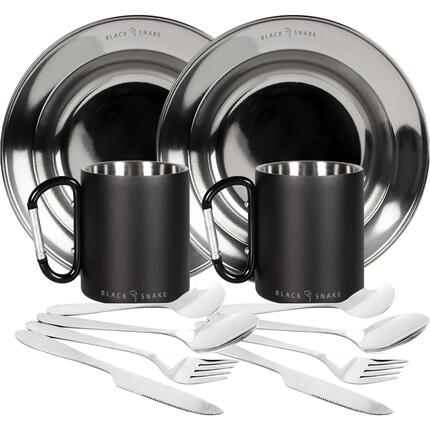 Campinggeschirr Set Edelstahl tiefer Teller, Besteck, Karabinertasse 1 Person