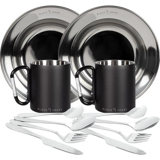 Campinggeschirr Set Edelstahl tiefer Teller, Besteck, Karabinertasse 1 Person