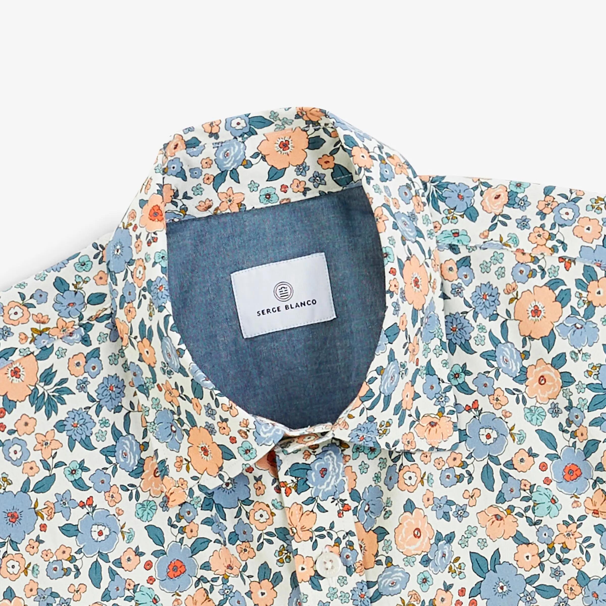 Chemise manches longues coton imprimé fleurs bleu 3/4