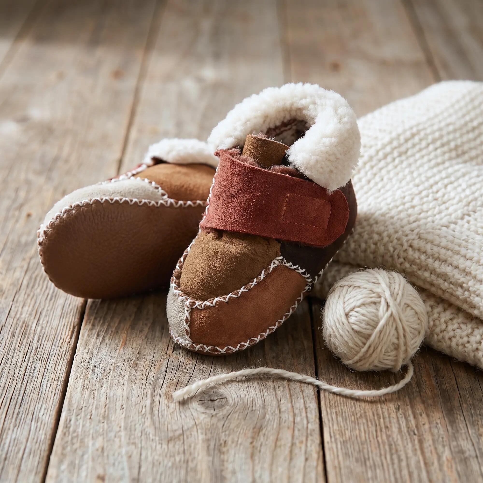 Baby Winter Krabbelschuhe Lammfell Lammleder Klettriemen Ledersohle weich 1 Paar 5/6
