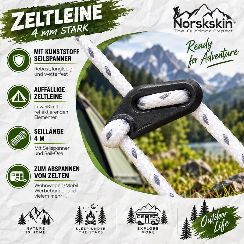 Zeltleinen 4 St a 4 m weiß mit Dreiloch Spanner für Zelt Heringe Abspannleine 3/4