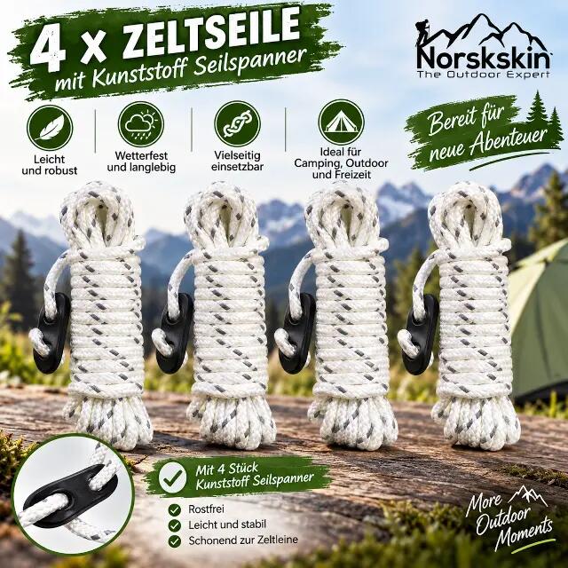 Zeltleinen 4 St a 4 m weiß mit Dreiloch Spanner für Zelt Heringe Abspannleine 2/4